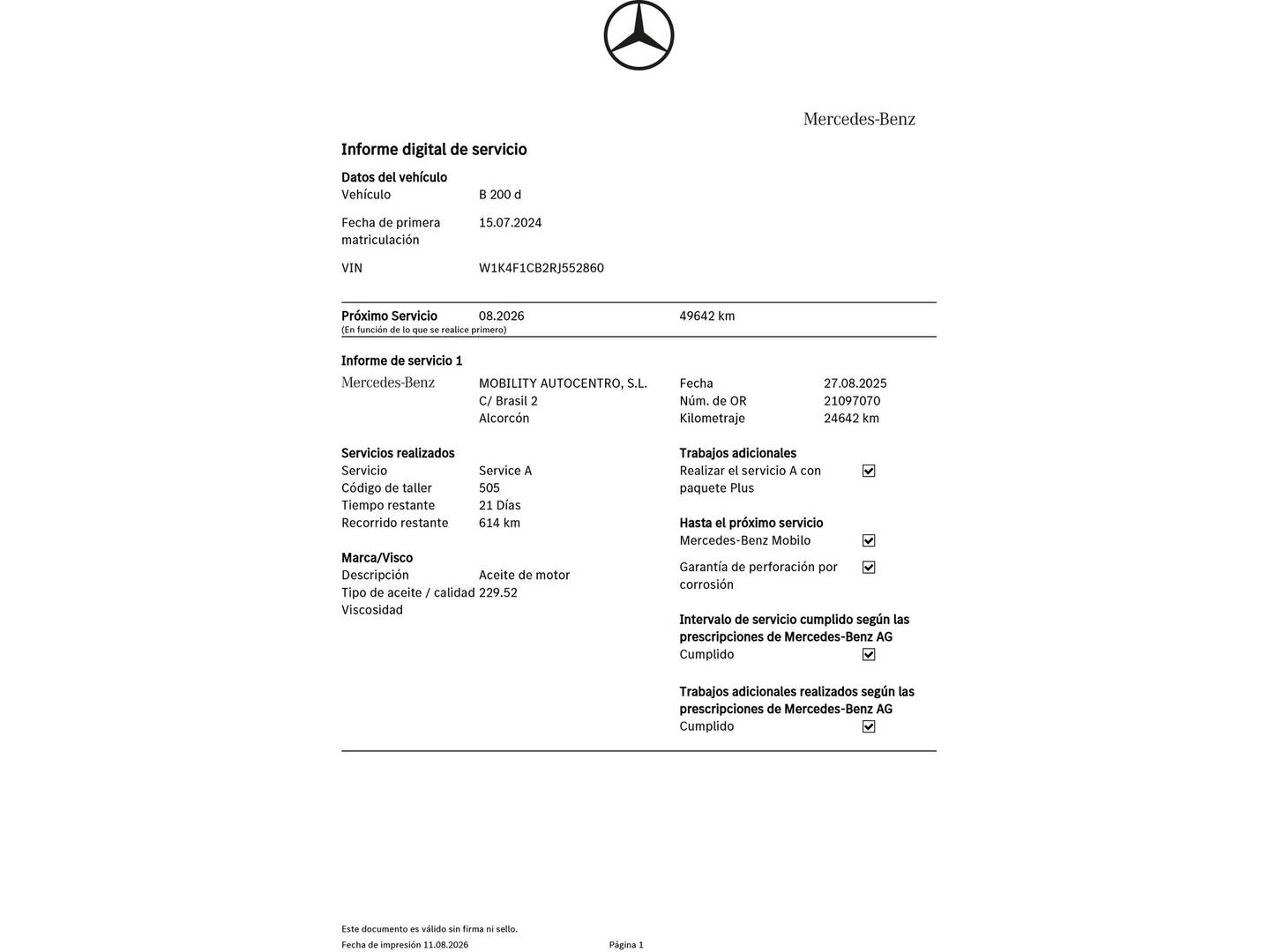 Foto del mantenimiento del Mercedes Clase B Mercedes Clase B 200 d (150 CV)