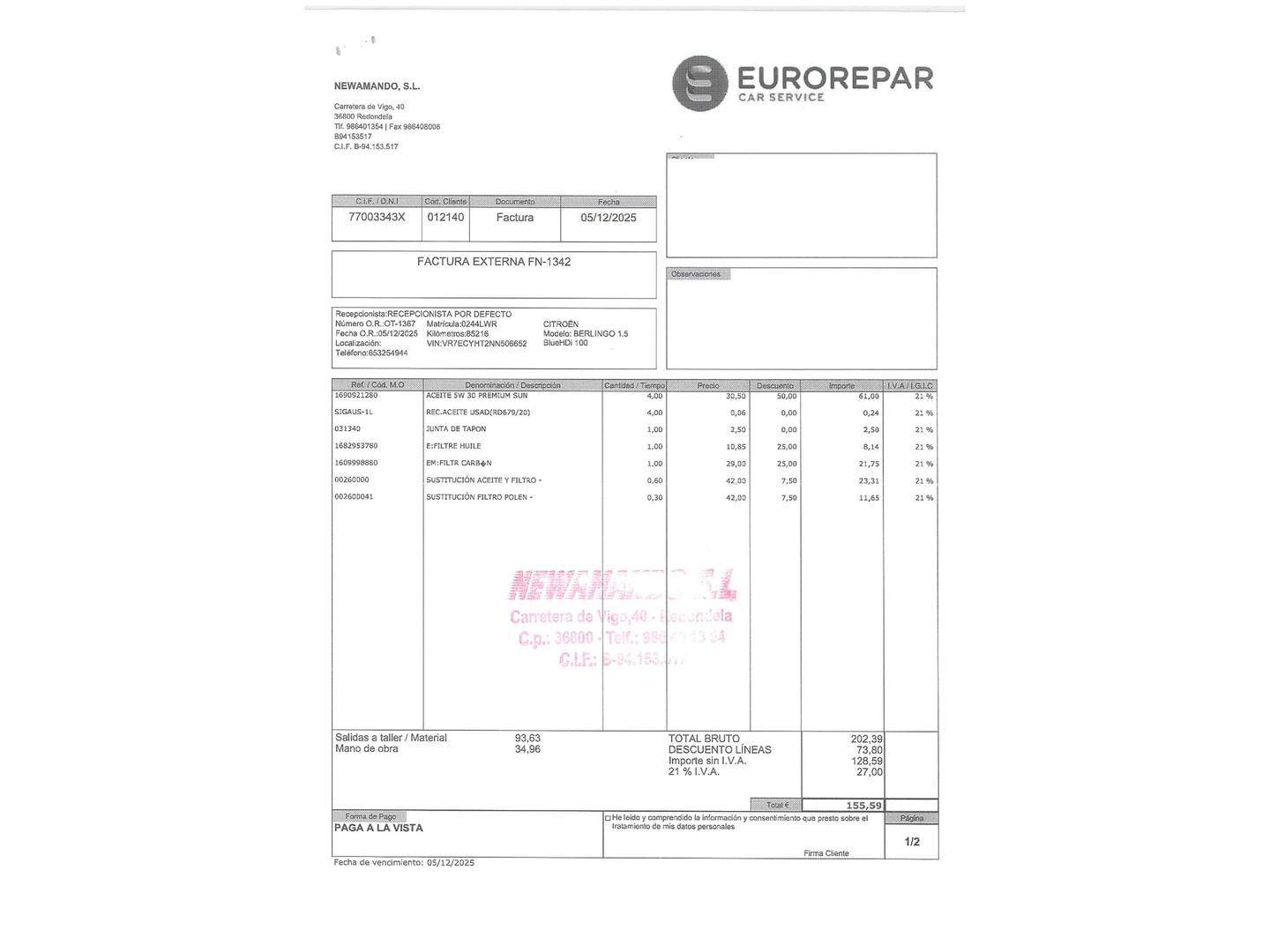 Foto del certificado del Citroën Berlingo Citroën Berlingo Combi BlueHDi 100 S&S Talla M Feel Pack (102 CV)