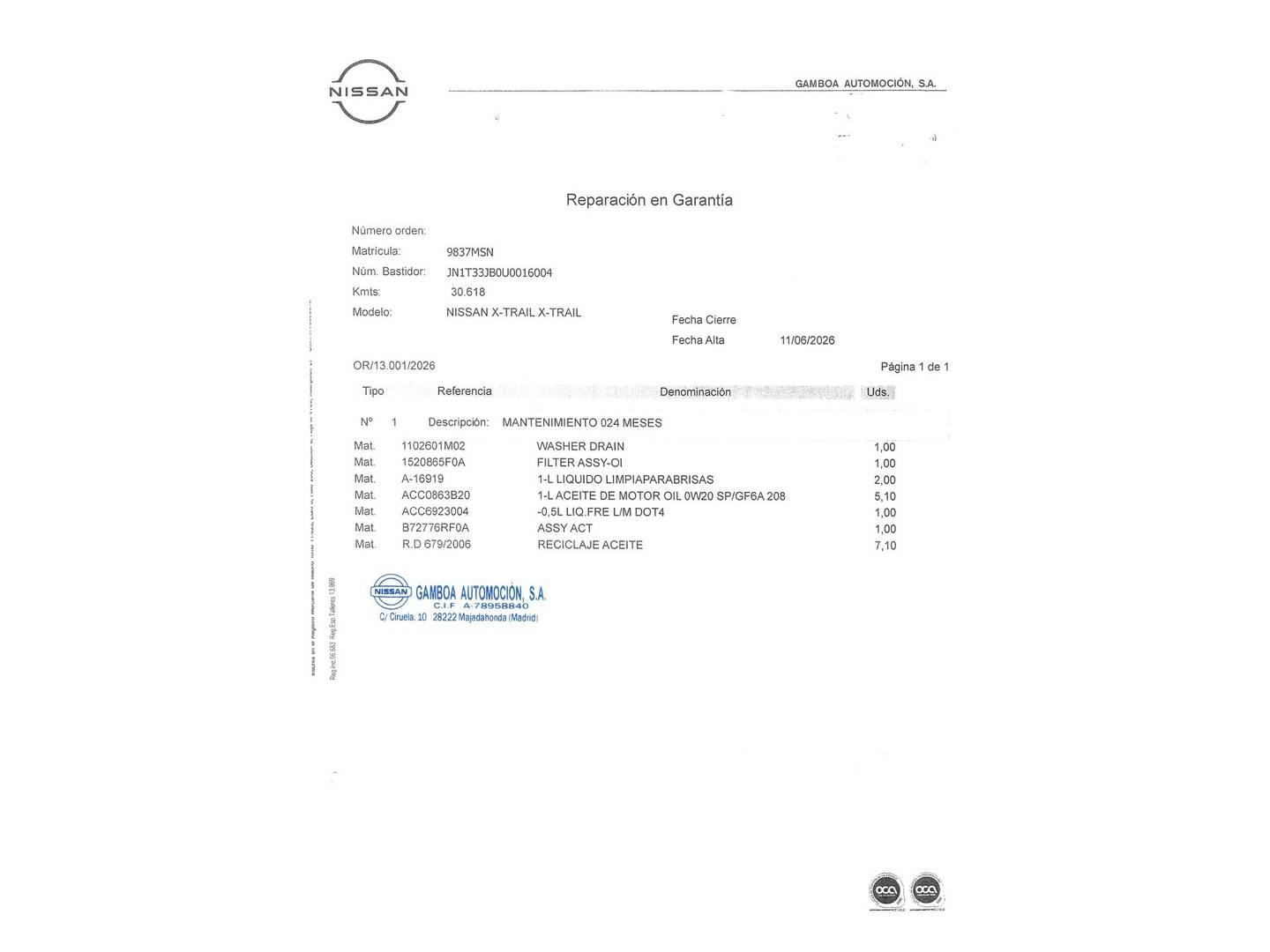 Foto del mantenimiento del Nissan X-TRAIL Nissan X-Trail 1.5 e-4ORCE N-Connecta 4X2 AT (213 CV) 7 PLAZAS