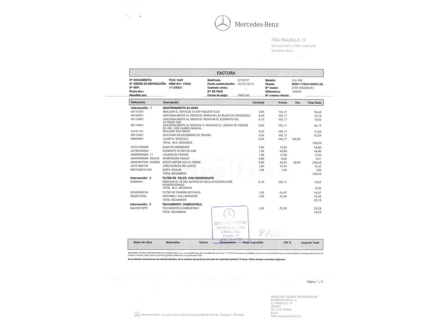 Foto del mantenimiento del Mercedes CLA Mercedes CLA CLA 200 (156 CV)