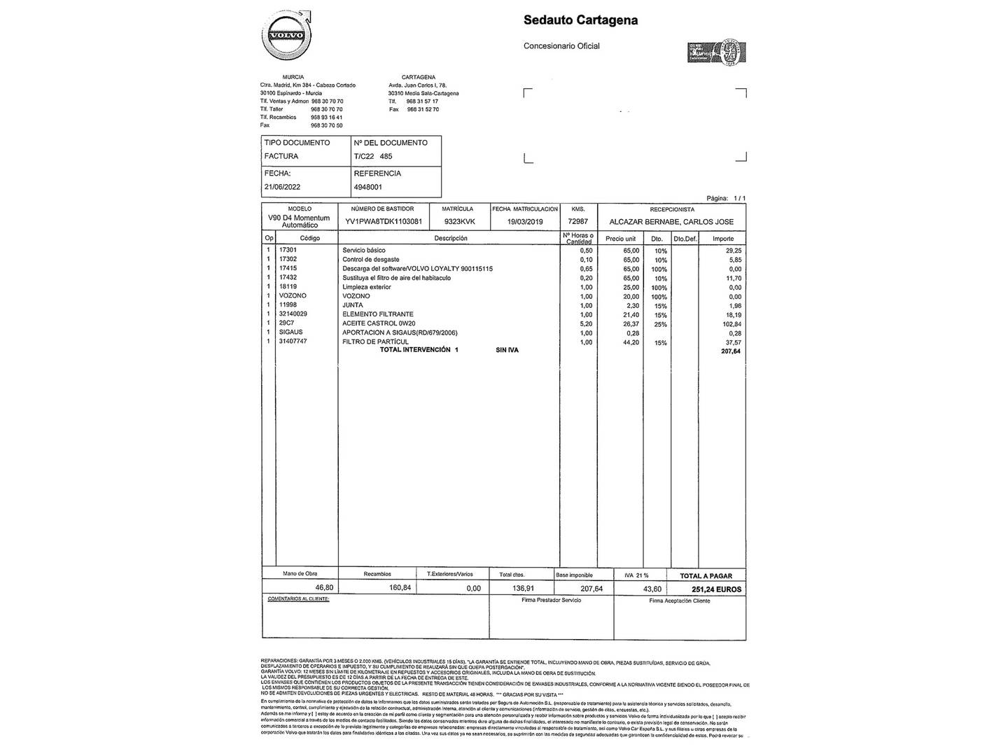Foto del mantenimiento del Volvo V90 Volvo V90 D4 Momentum Auto (190 CV)