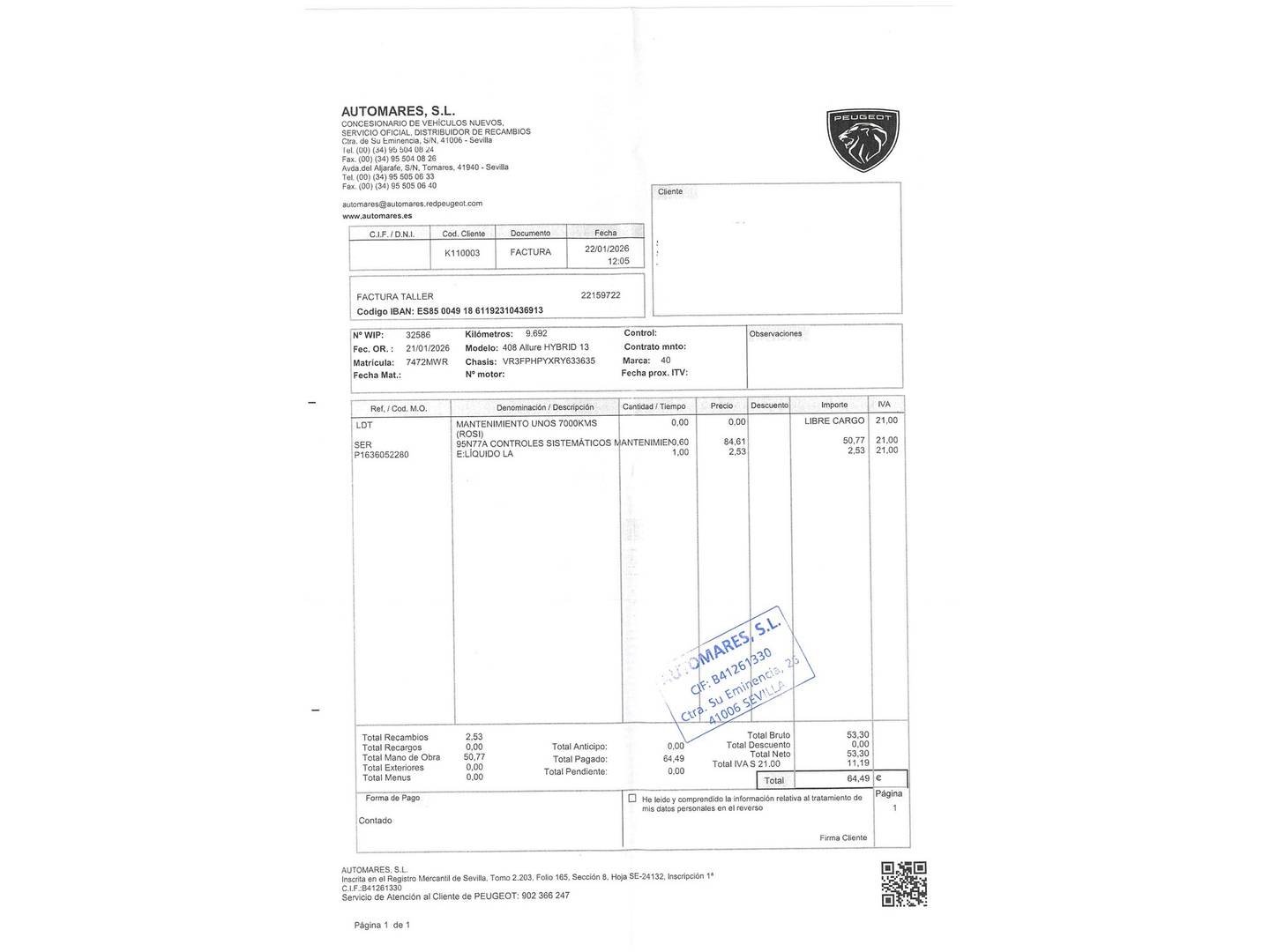 Foto del mantenimiento del Peugeot 408 Peugeot 408 Allure Hybrid eDCS6 (136 CV)