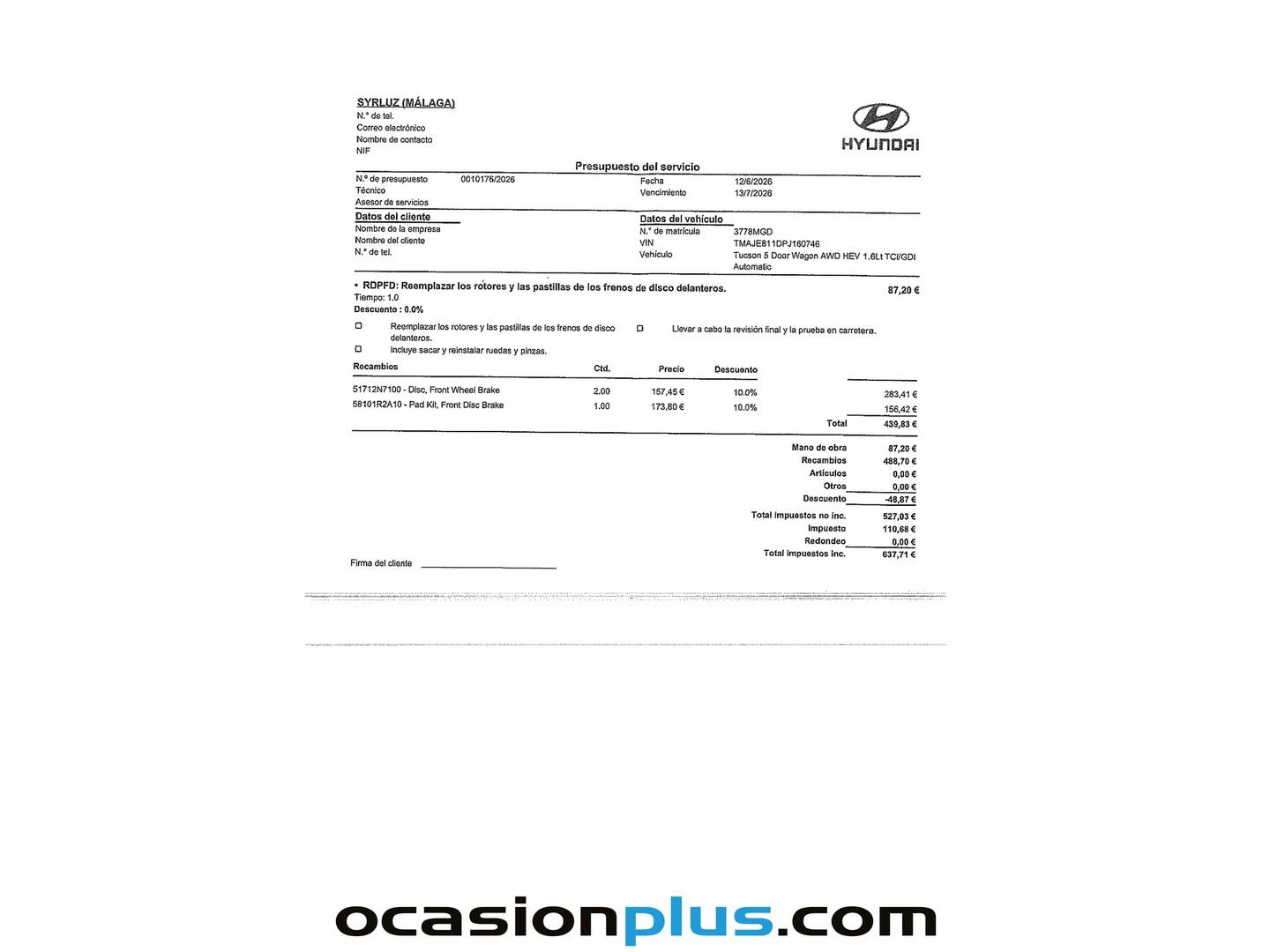Foto del mantenimiento del Hyundai Tucson Hyundai Tucson 1.6 TGDI HEV Style 4x4 Auto (230 CV)