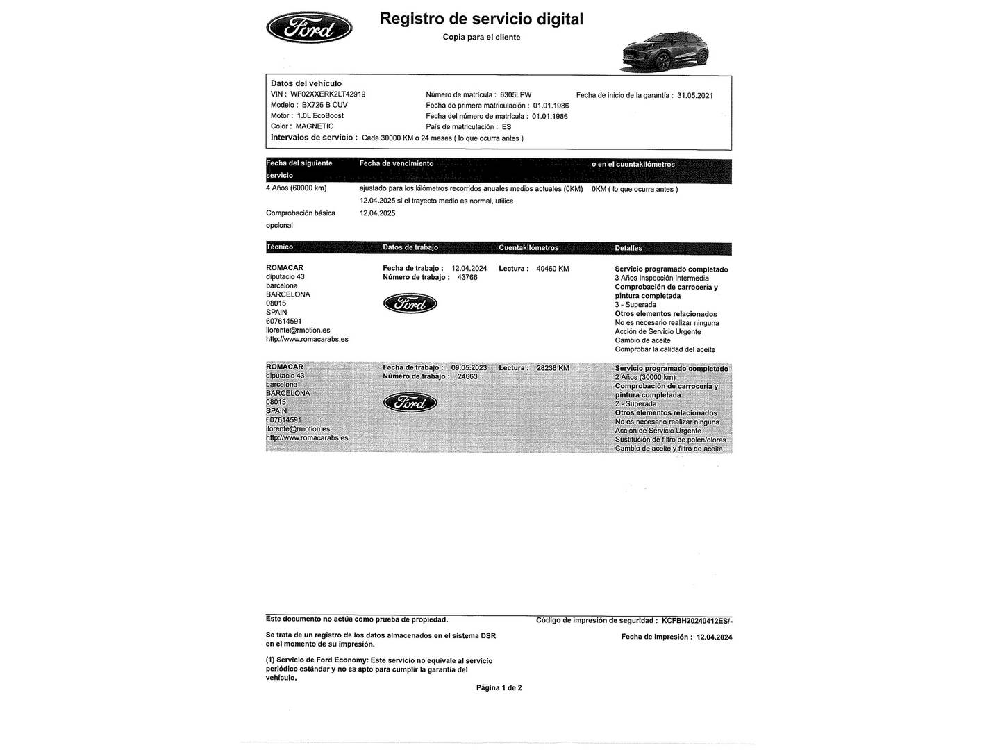 Foto del mantenimiento del Ford Puma Ford Puma 1.0 EcoBoost MHEV Titanium (125 CV)