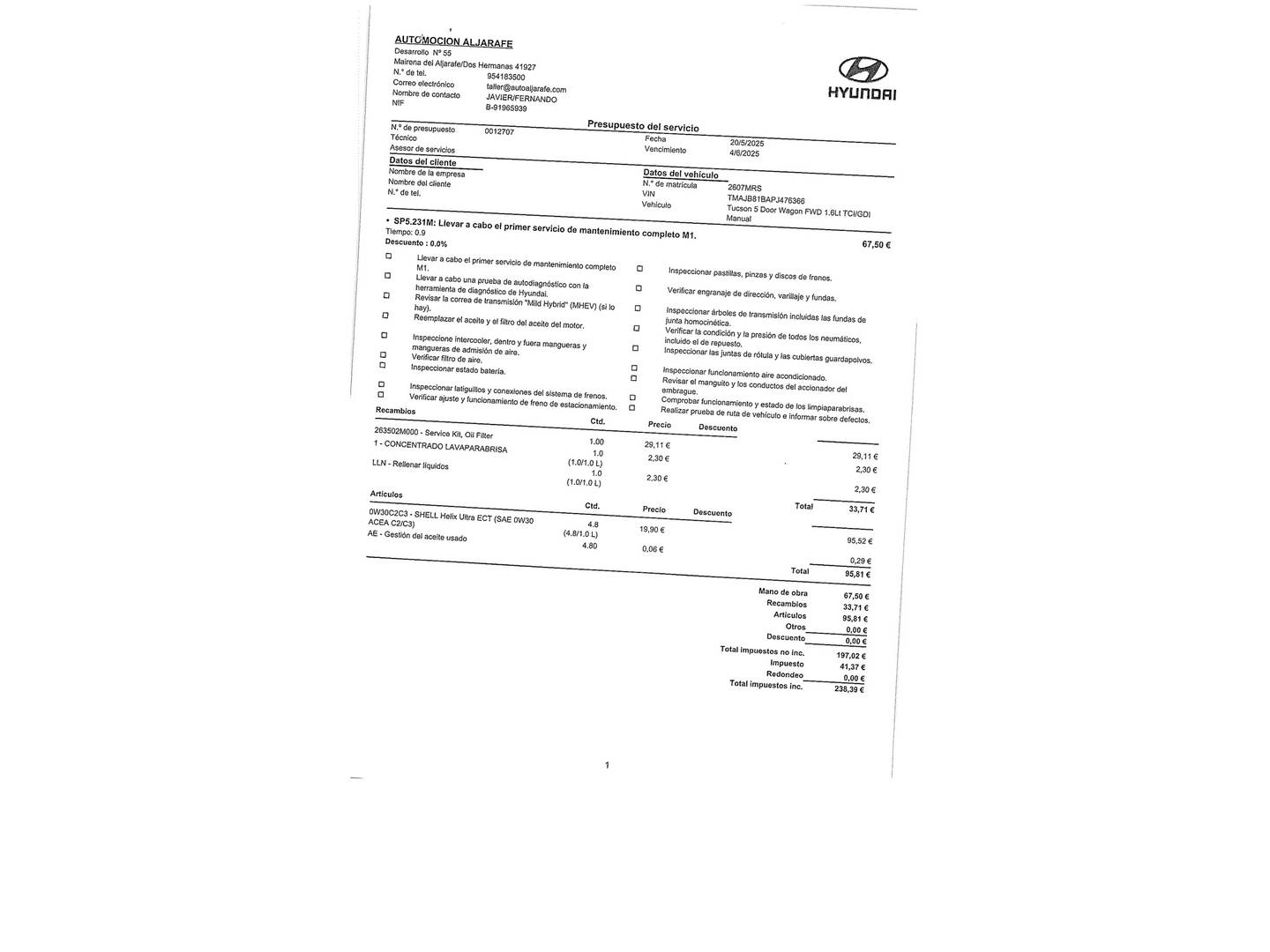 Foto del mantenimiento del Hyundai Tucson Hyundai Tucson 1.6 TGDI Klass 4x2 (150 CV)