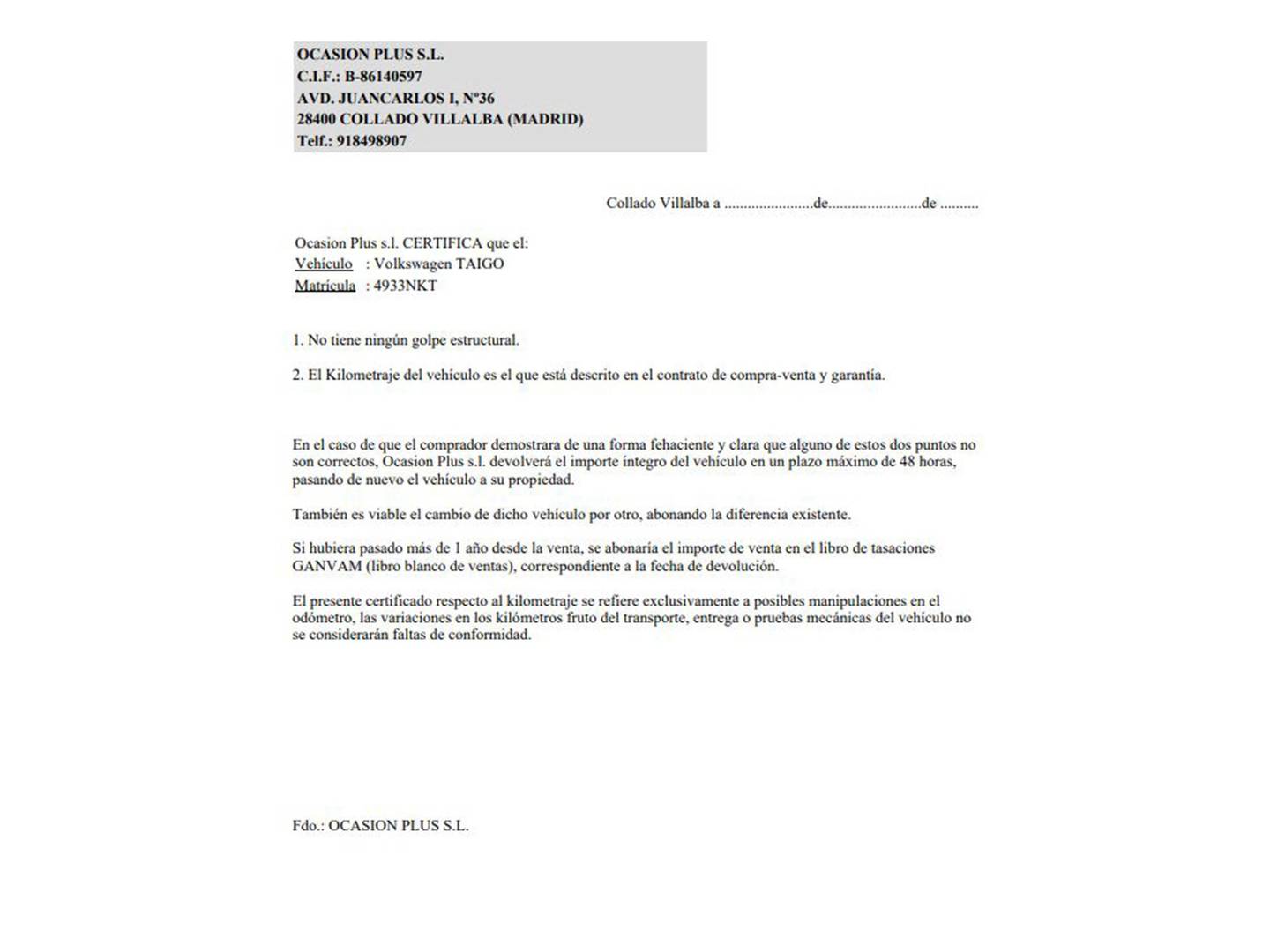 Foto del certificado del Volkswagen Taigo Volkswagen Taigo ``Más`` 1.0 TSI (115 CV) DSG