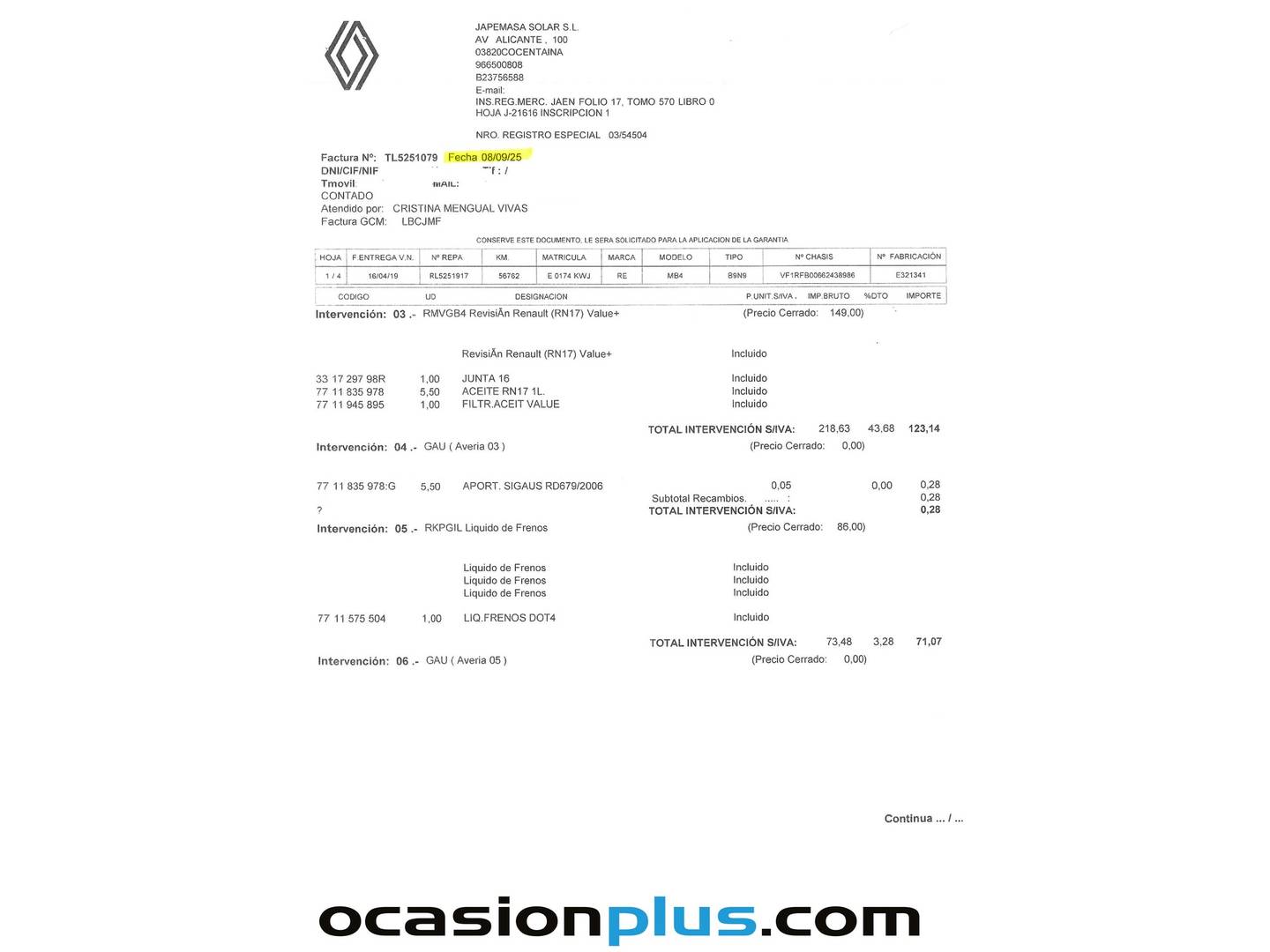 Foto del mantenimiento del Renault Mégane Renault Megane Limited TCe  (115 CV)