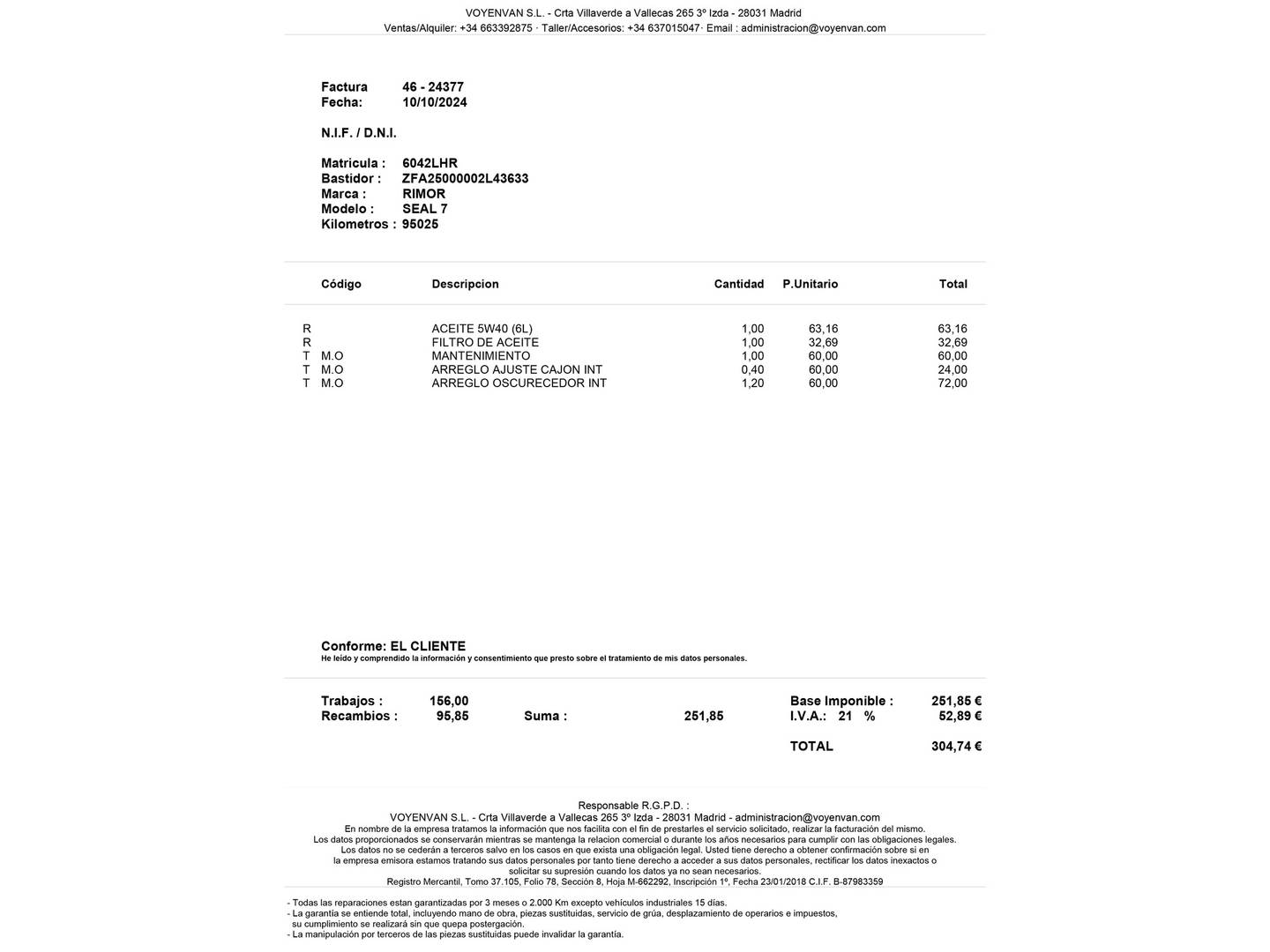 Foto del mantenimiento del Fiat Rimor Seal 7 Fiat Rimor Seal 7 2.3 DS (130 CV) 4 Plazas