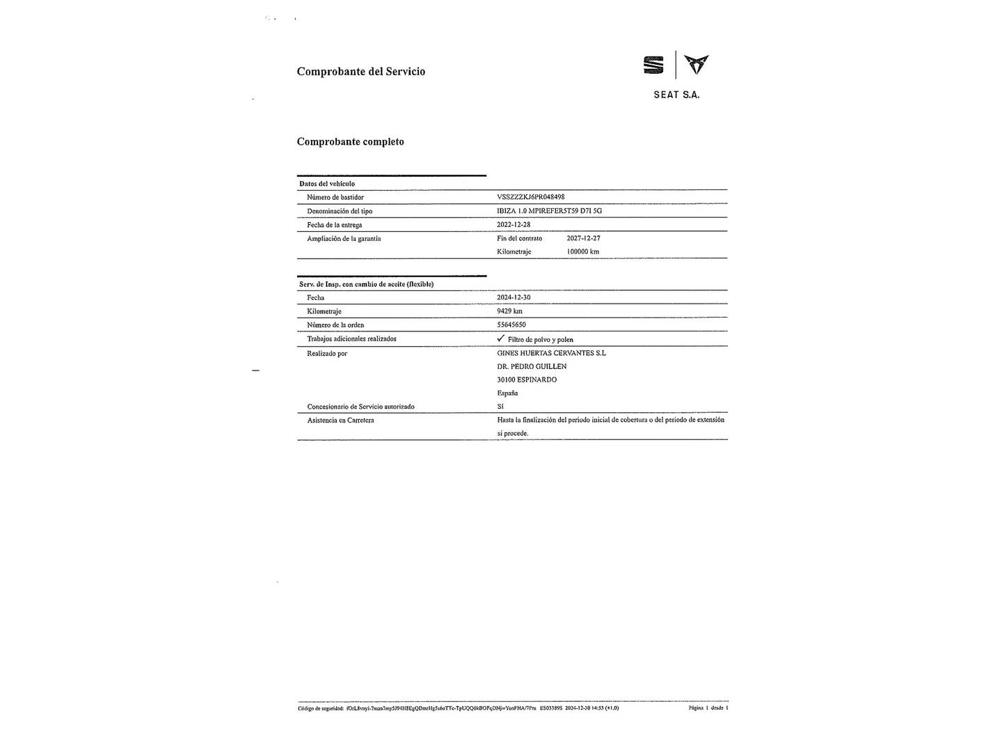Foto del mantenimiento del Seat Ibiza Seat Ibiza 1.0 MPI S&S Reference XM Edition (80 CV)