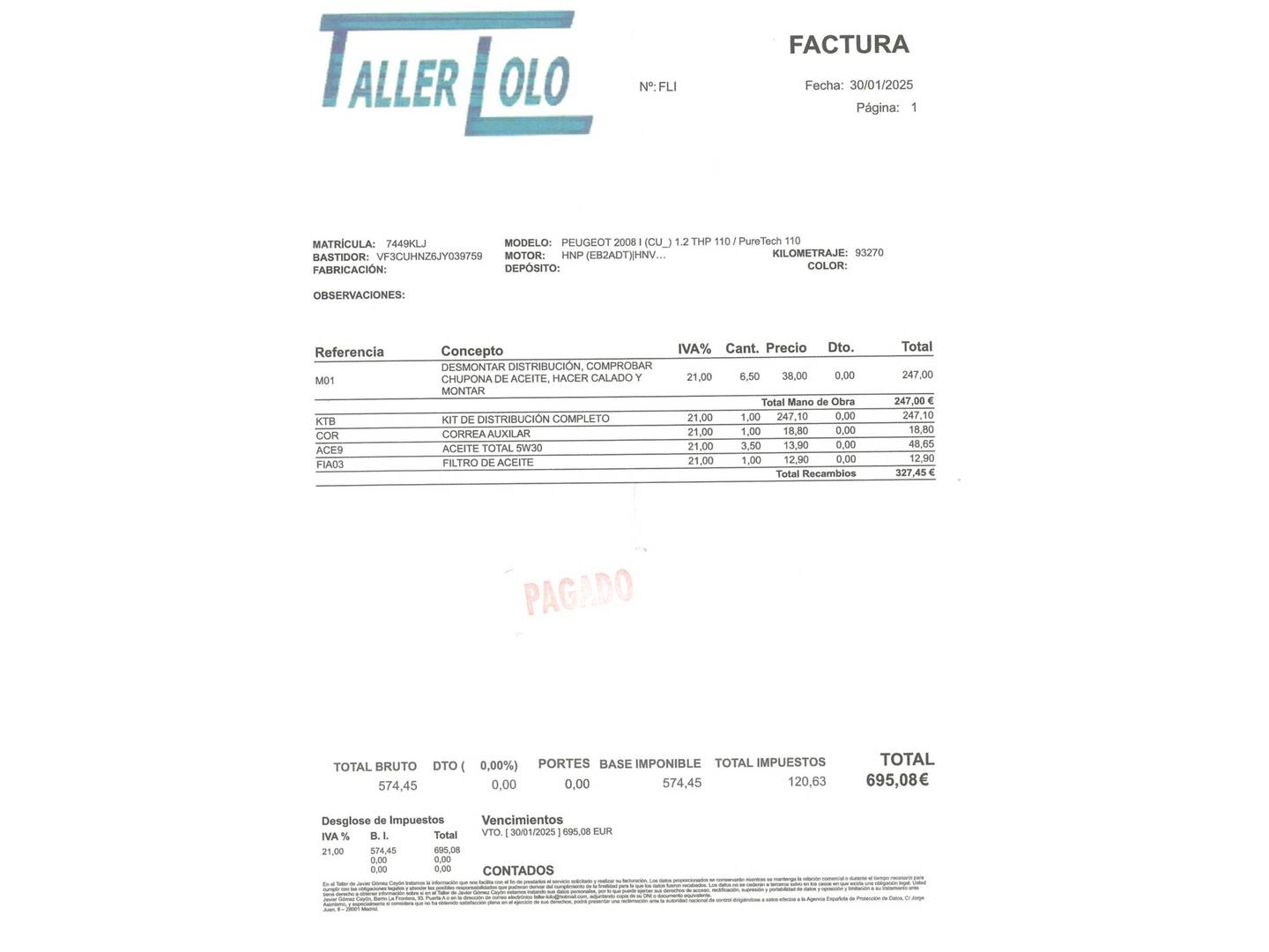 Foto del mantenimiento del Peugeot 2008 Peugeot 2008 PureTech 110 S&S Allure (110 CV)