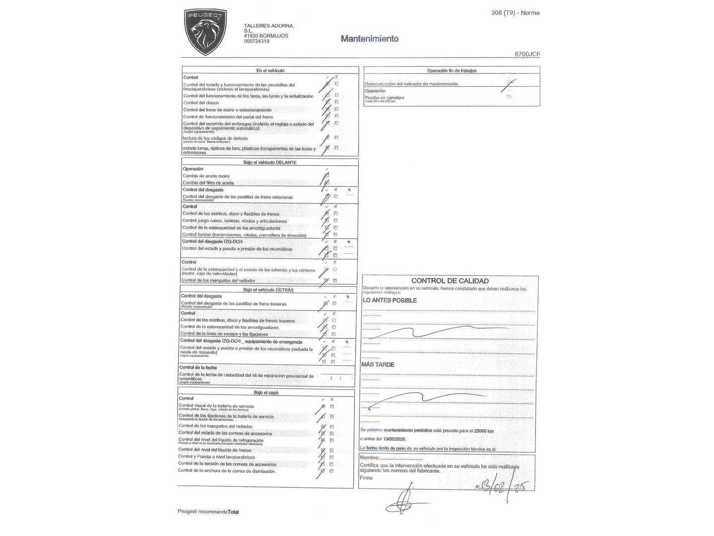 Foto del mantenimiento del Peugeot 308 Peugeot 308 1.2 PureTech S&S Active (110 CV)
