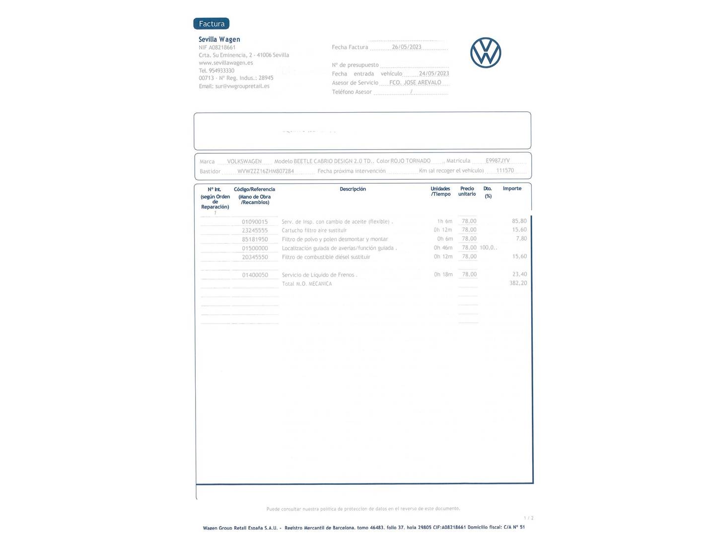 Foto del mantenimiento del Volkswagen Beetle Volkswagen Beetle Cabrio Design 2.0 TDI BMT (110 CV)