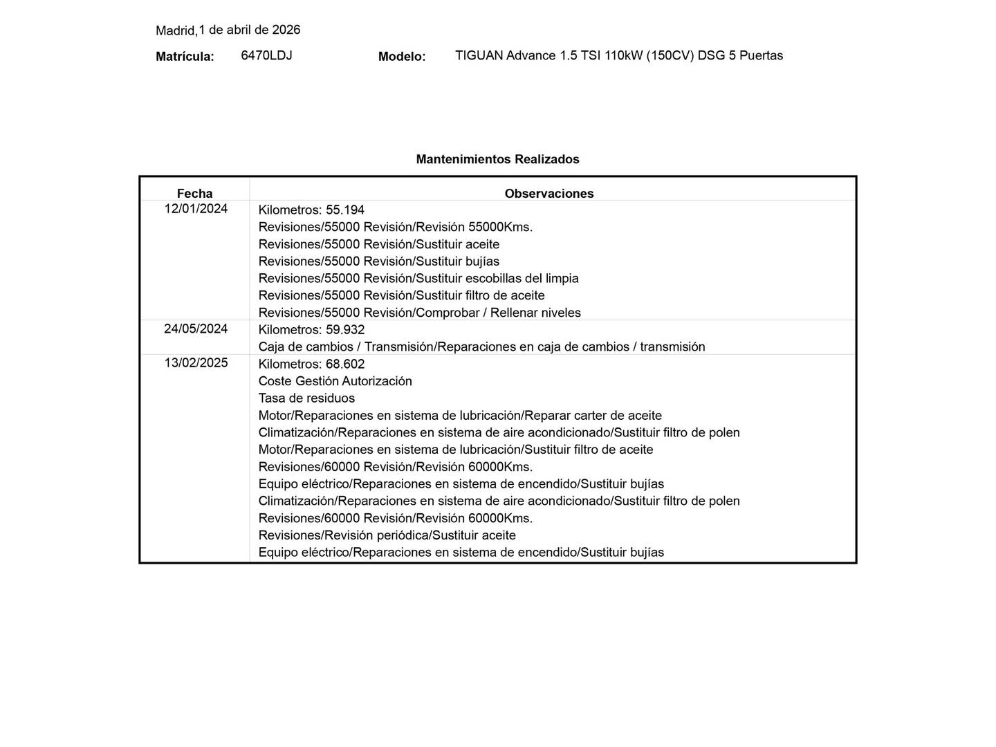 Foto del mantenimiento del Volkswagen Tiguan Volkswagen Tiguan Advance 1.5 TSI (150 CV) DSG Pack R-Line