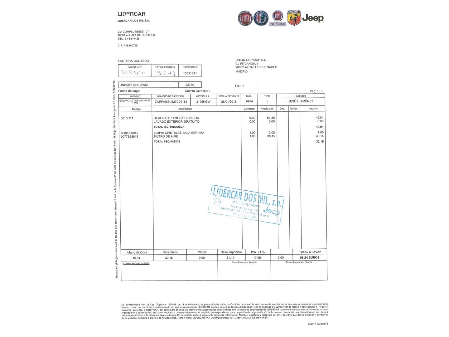 Foto del mantenimiento del Alfa Romeo Stelvio Alfa Romeo Stelvio 2.2 Diesel Super RWD (180 CV)