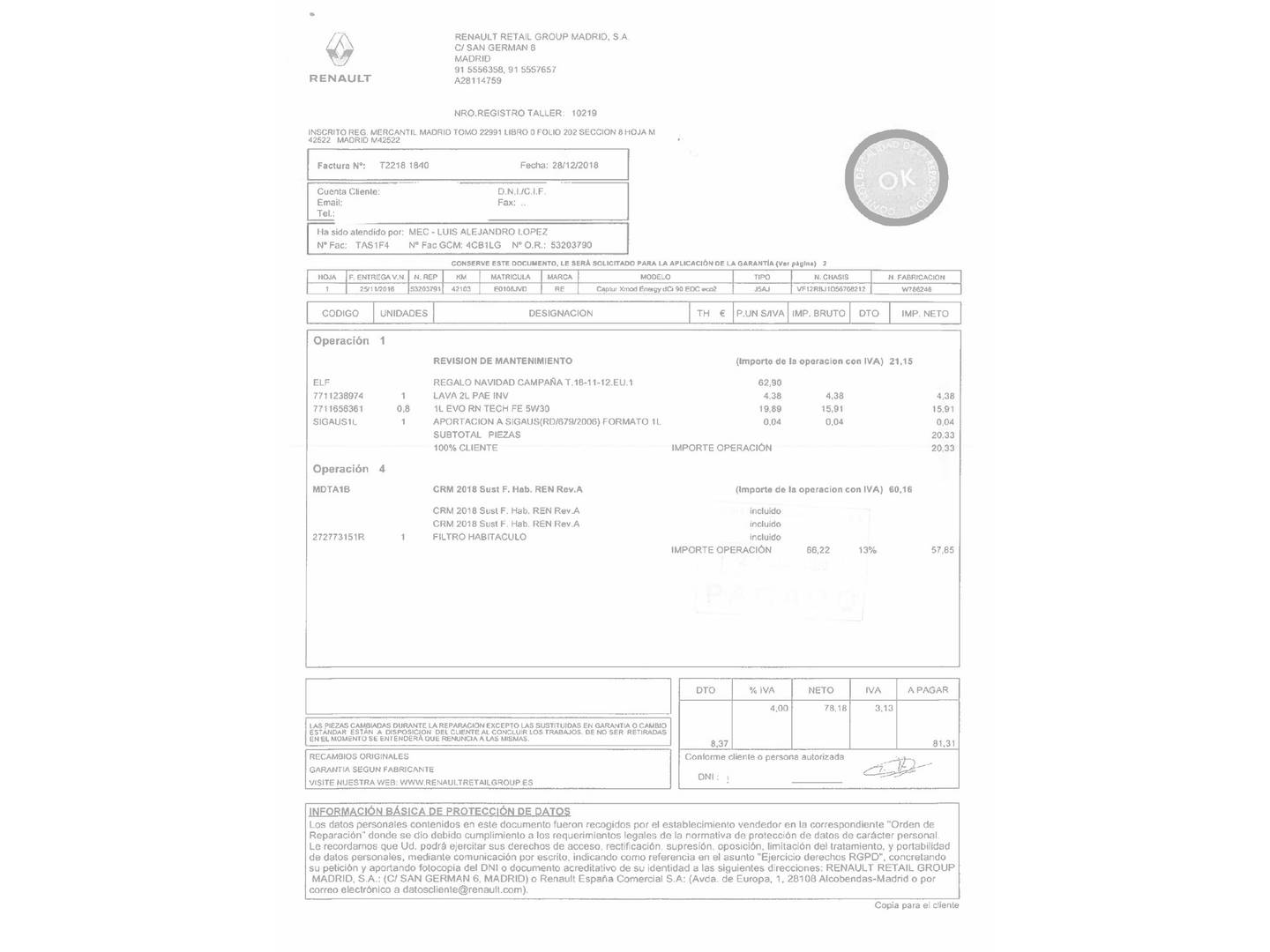 Foto del mantenimiento del Renault Captur Renault Captur 1.5 dCi Energy Xmod EDC (90 CV)