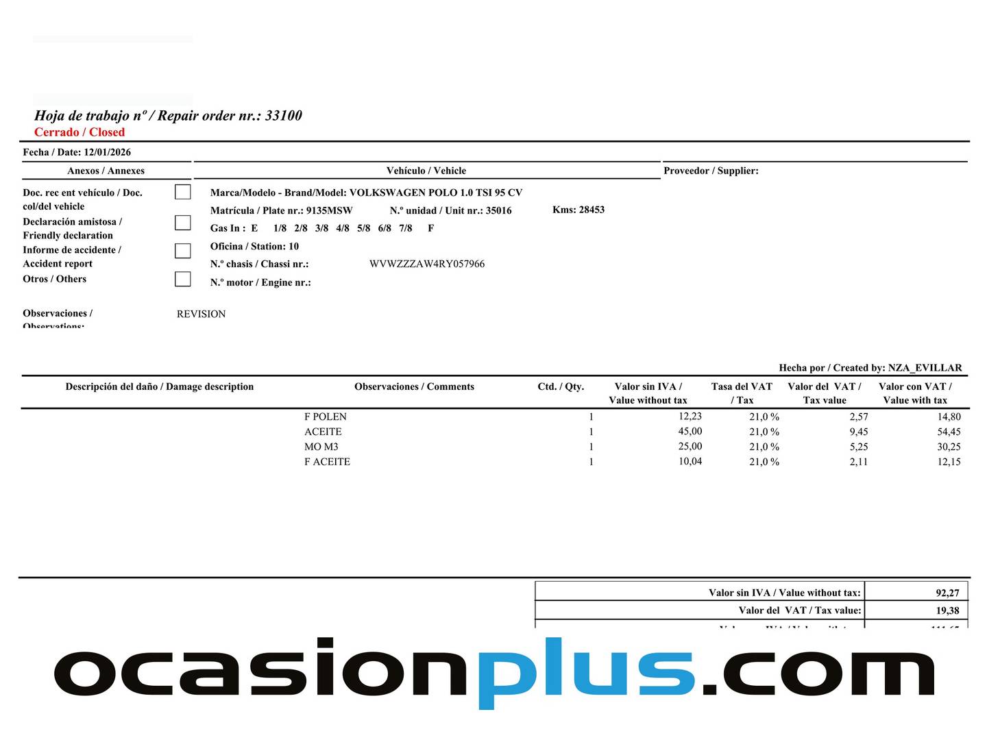 Foto del mantenimiento del Volkswagen Polo Volkswagen Polo Life 1.0 TSI (95 CV) DSG