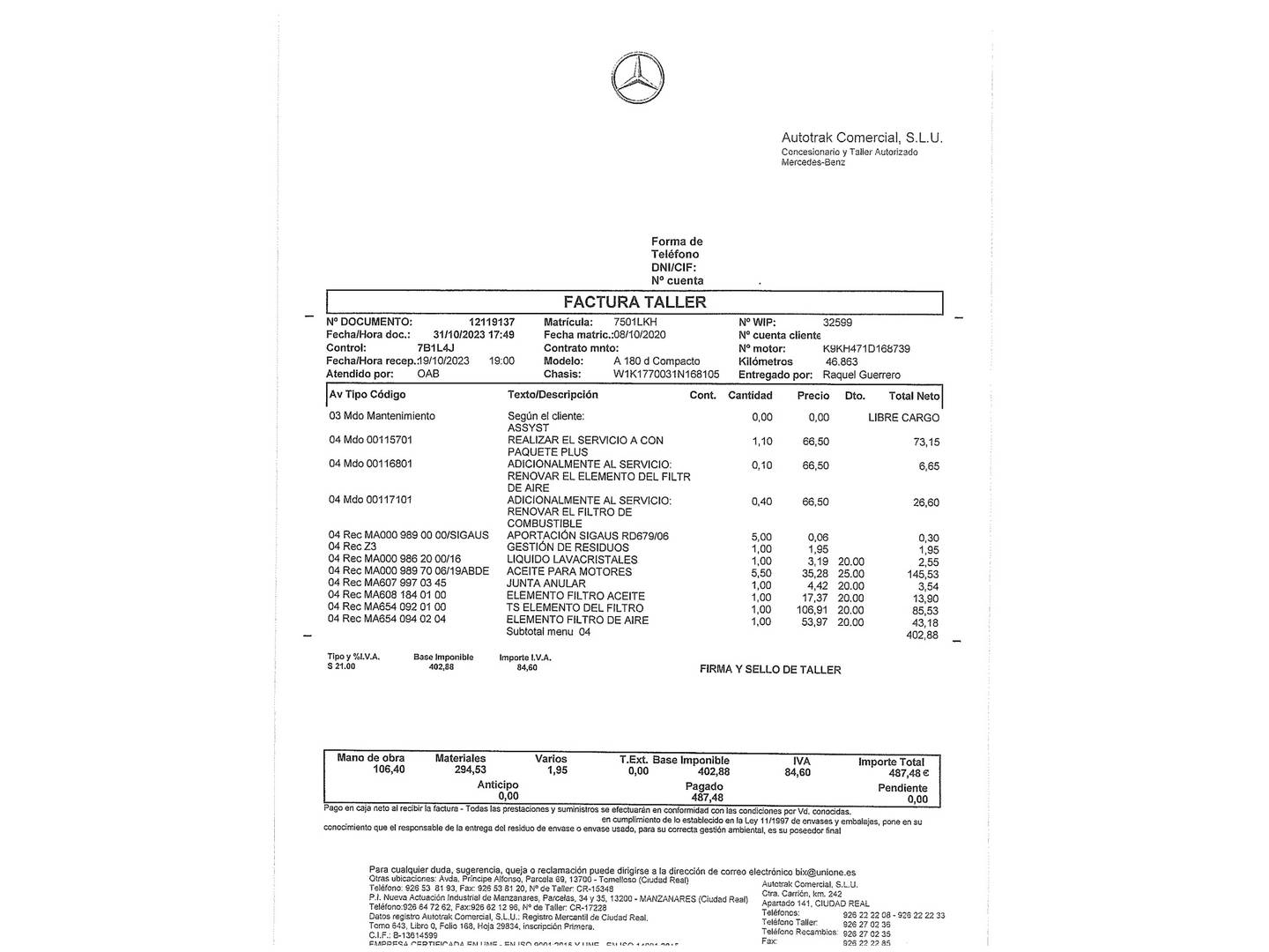 Foto del mantenimiento del Mercedes Clase A Mercedes Clase A 180 d (116 CV) Pack AMG