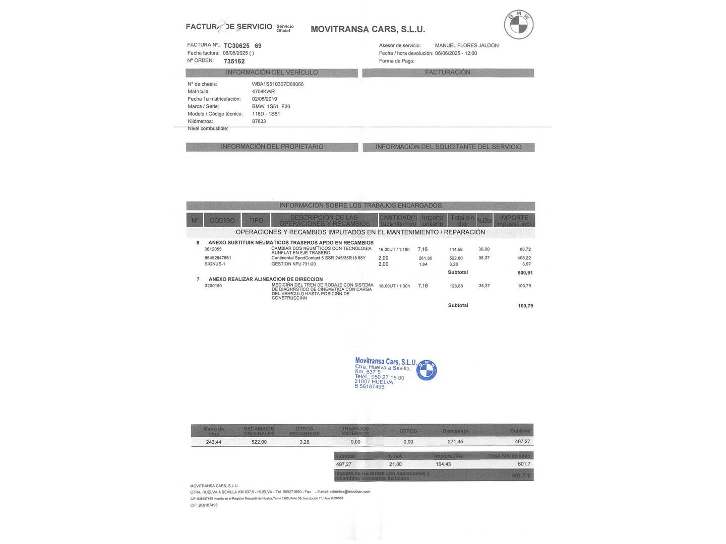 Foto del mantenimiento del BMW Serie 1 BMW Serie 1 118d (150 CV)