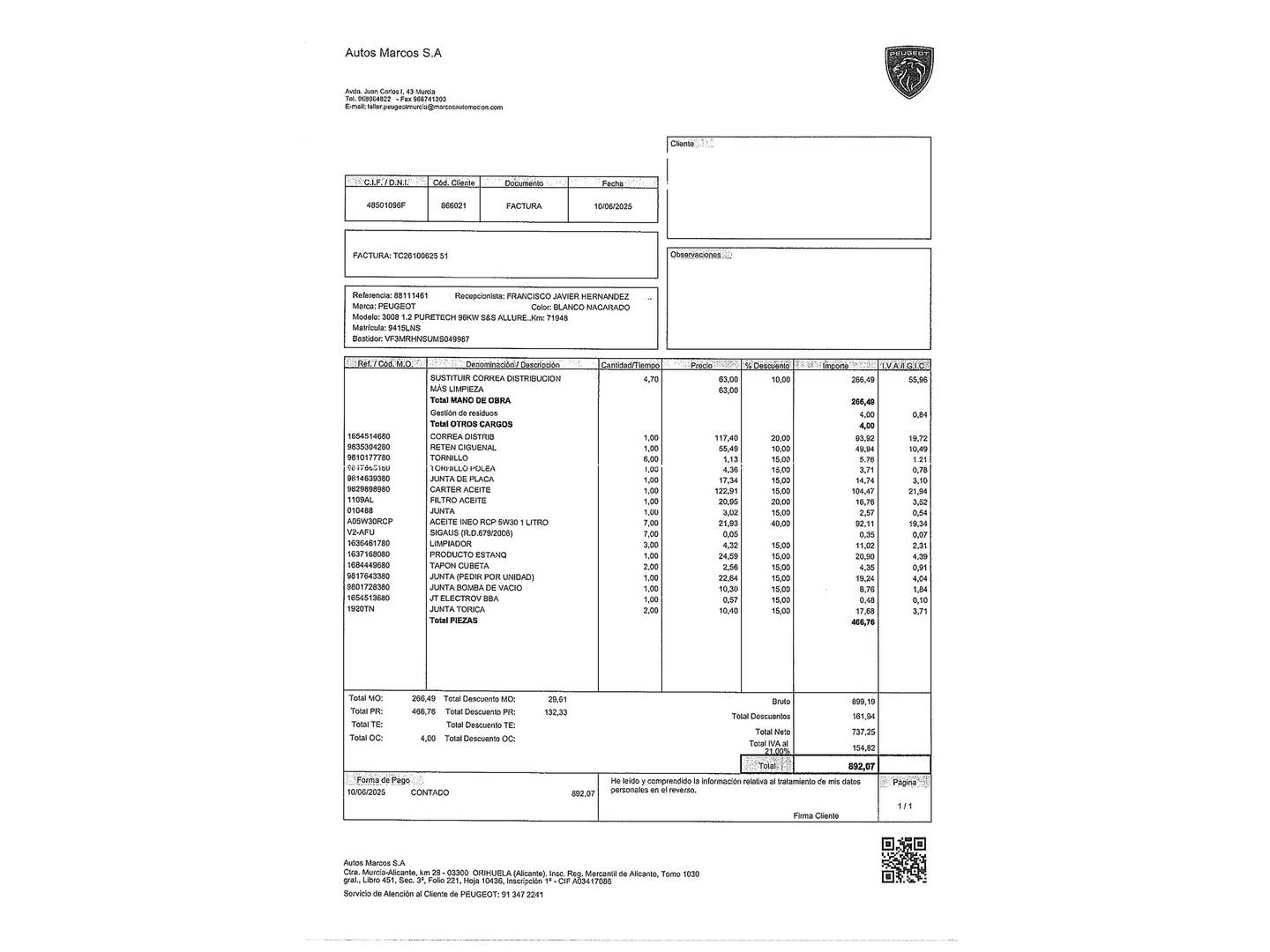Foto del mantenimiento del Peugeot 3008 Peugeot 3008 PureTech 130 S&S Allure Pack EAT8 (130 CV)