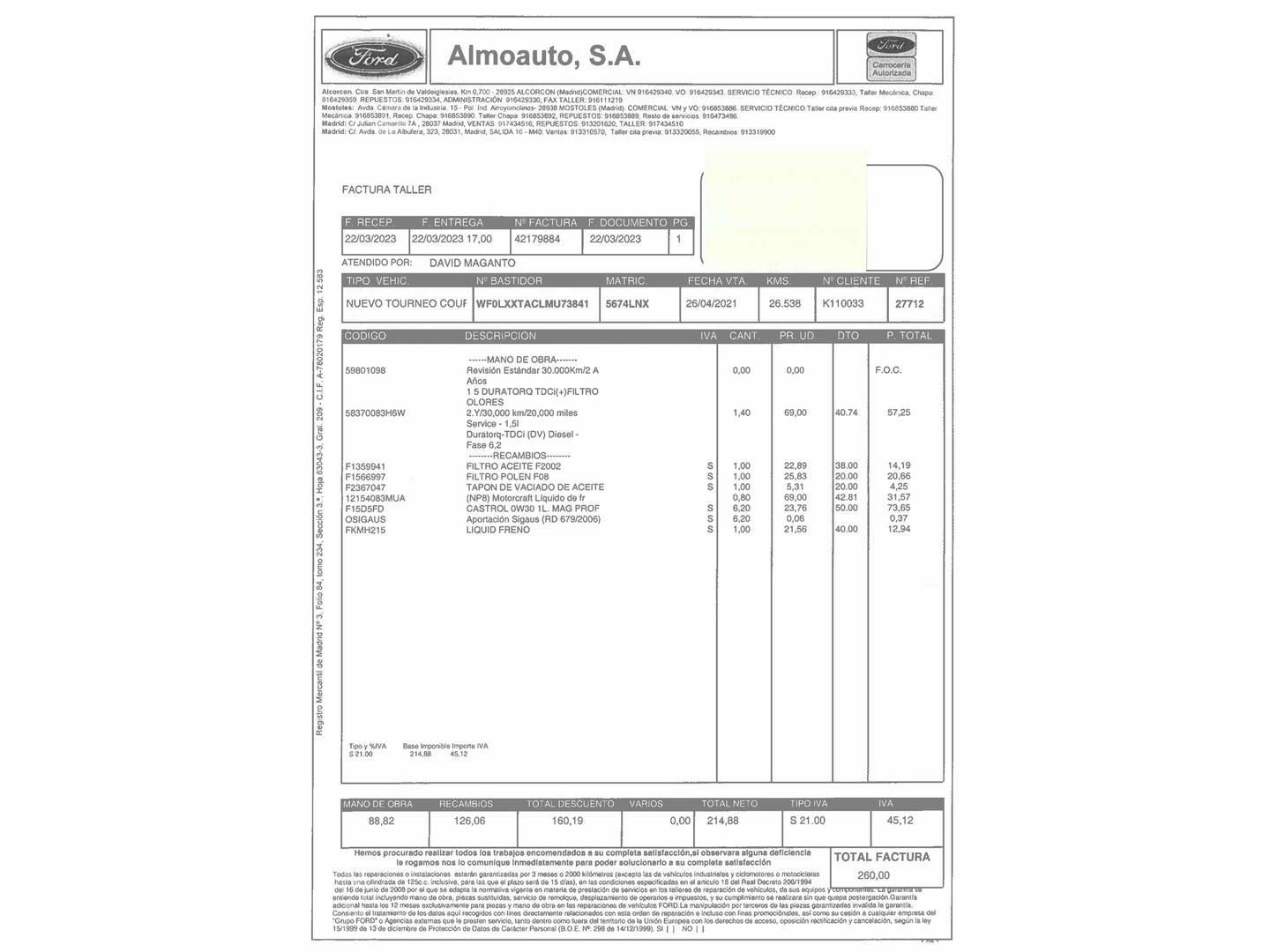 Foto del mantenimiento del Ford Tourneo Courier Ford Tourneo Courier 1.5 TDCi Sport (100 CV)