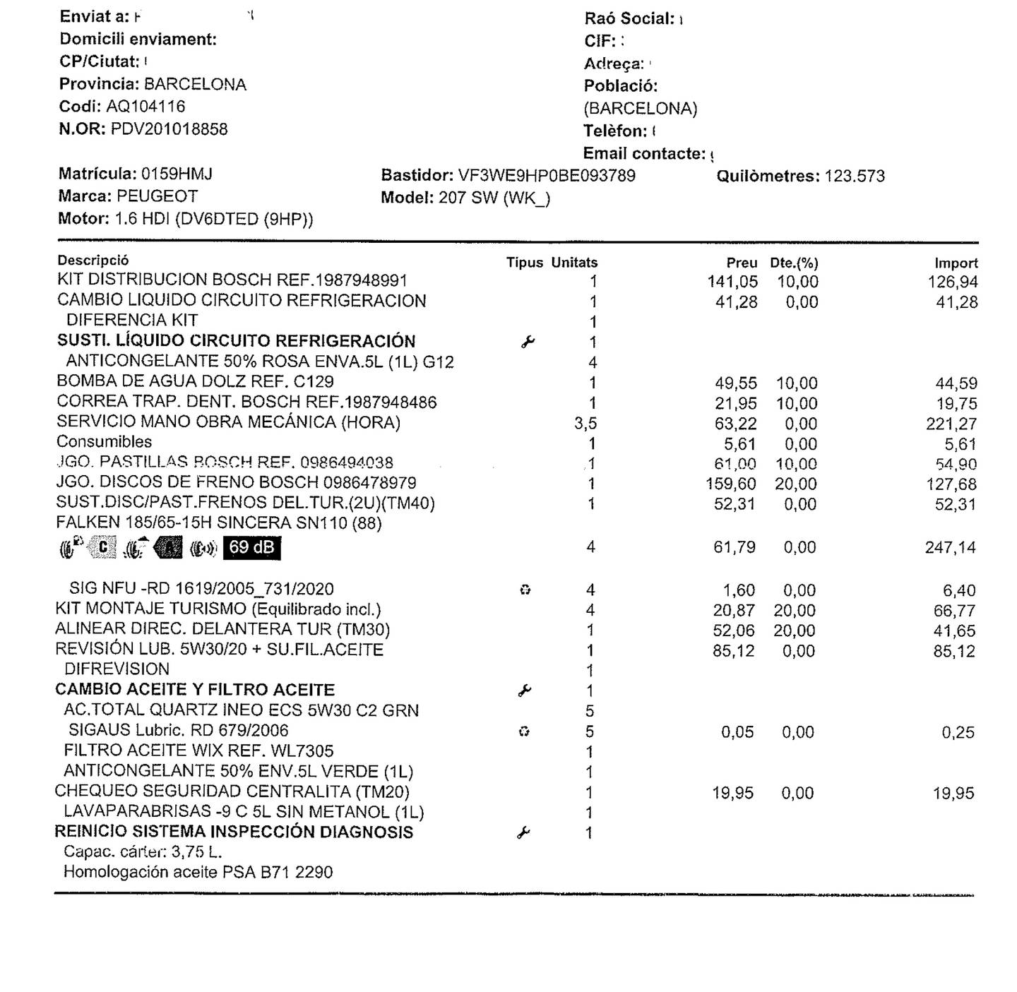 Foto del mantenimiento del Peugeot 207 Peugeot 207 SW 1.6 HDI Active FAP (92 CV)