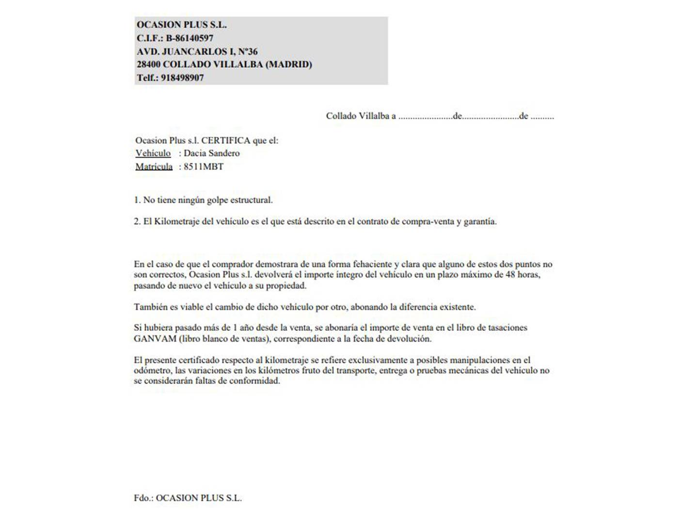 Foto del certificado del Dacia Sandero Dacia Sandero Stepway Comfort TCe (91 CV)