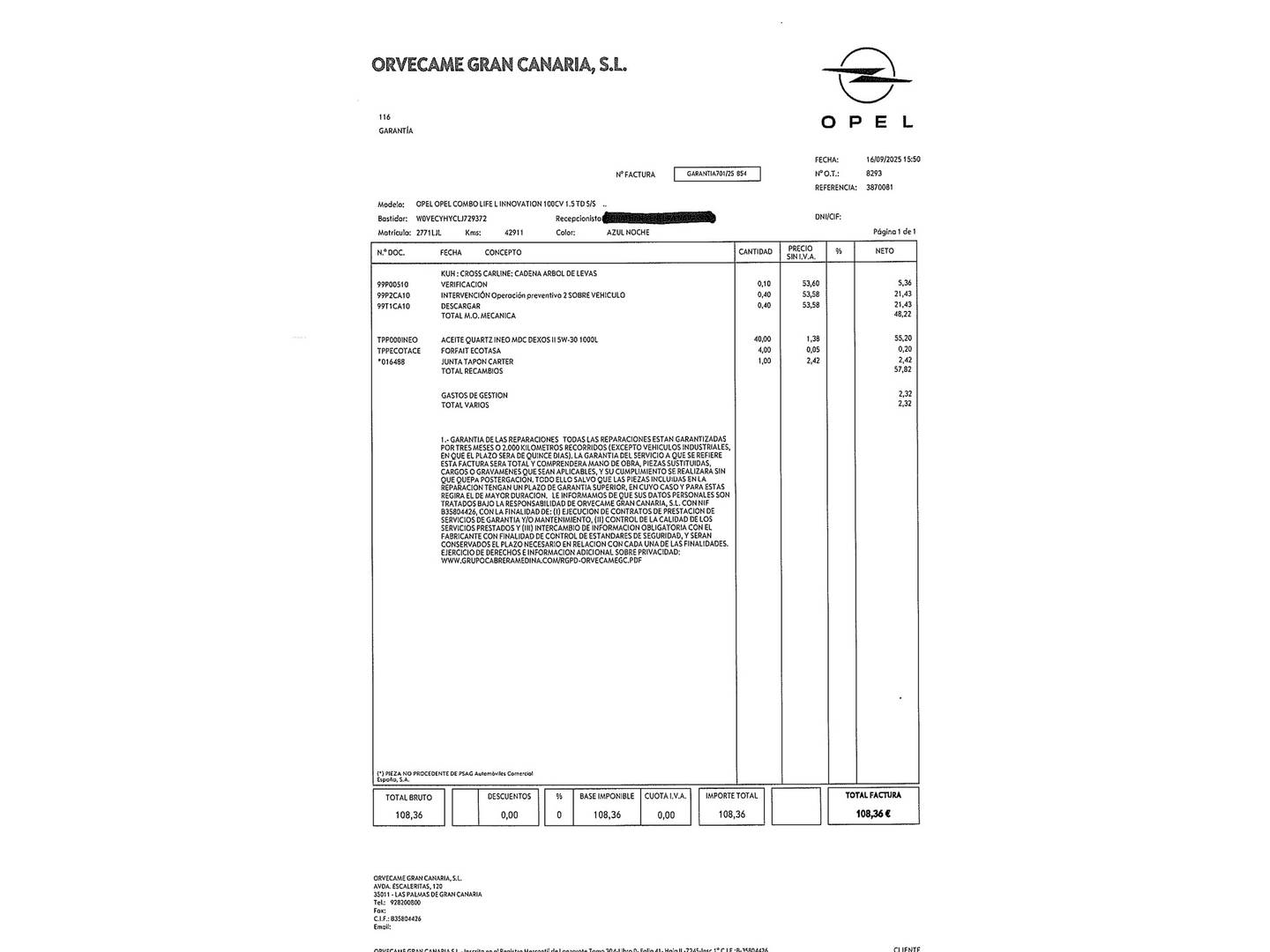 Foto del mantenimiento del Opel Combo Life Opel Combo Life 1.5 TD S&S Innovation L (102 CV)