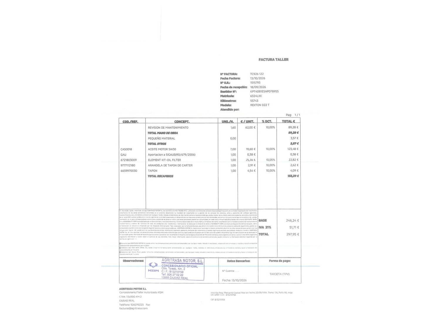Foto del certificado del SsangYong Rexton SsangYong Rexton D22DTR Pro 4x4 Auto (202 CV)