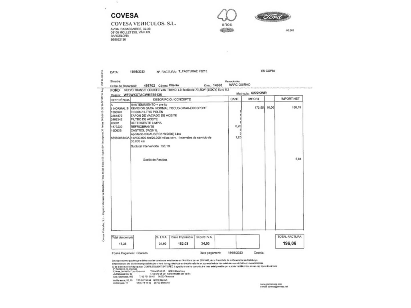 Foto del mantenimiento del Ford Transit Courier Ford Transit Courier Furgon 1.0 EcoBoost Trend (100 CV)