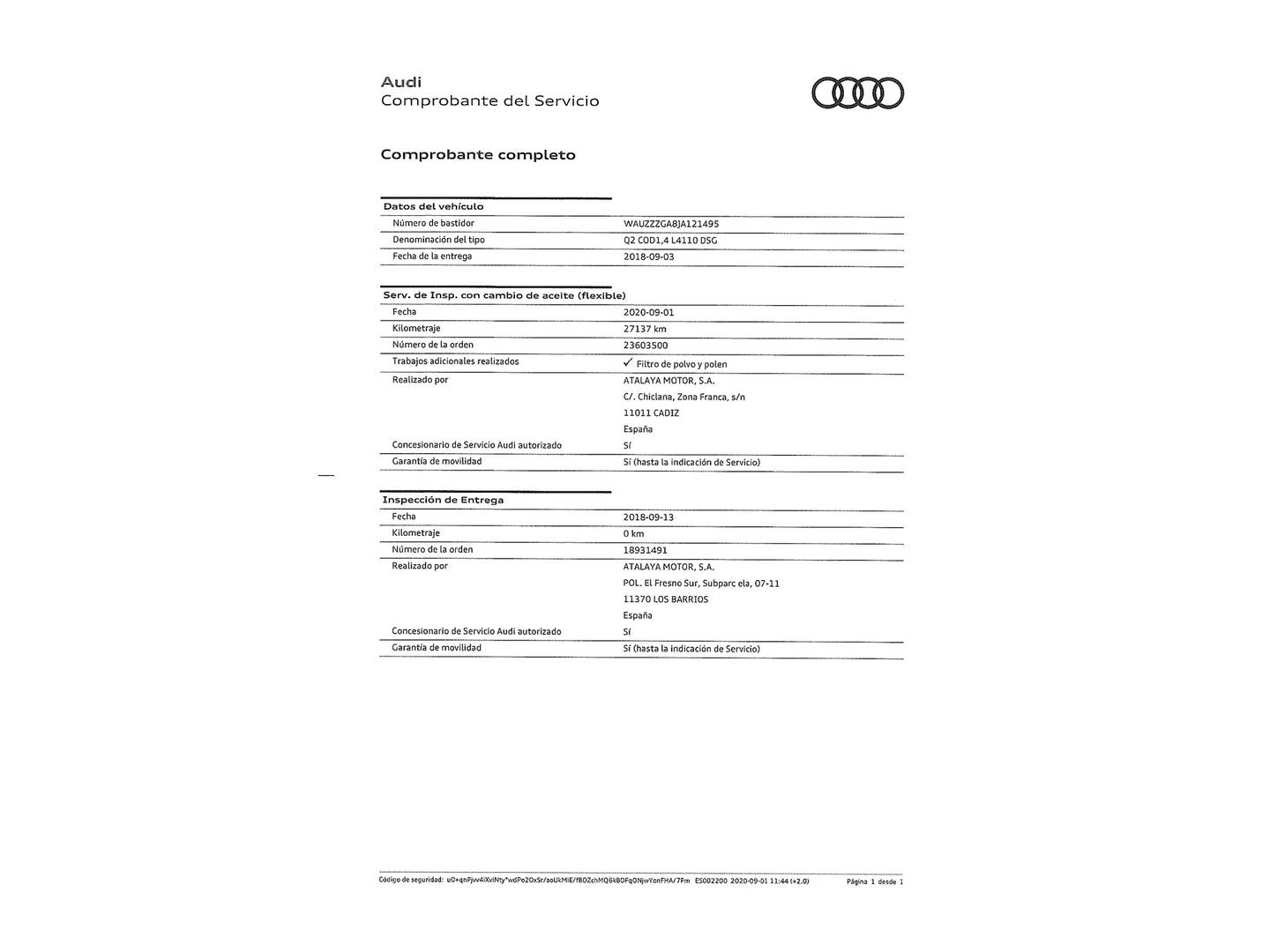 Foto del mantenimiento del Audi Q2 Audi Q2 sport edition 1.4 TFSI CoD (150 CV) S tronic