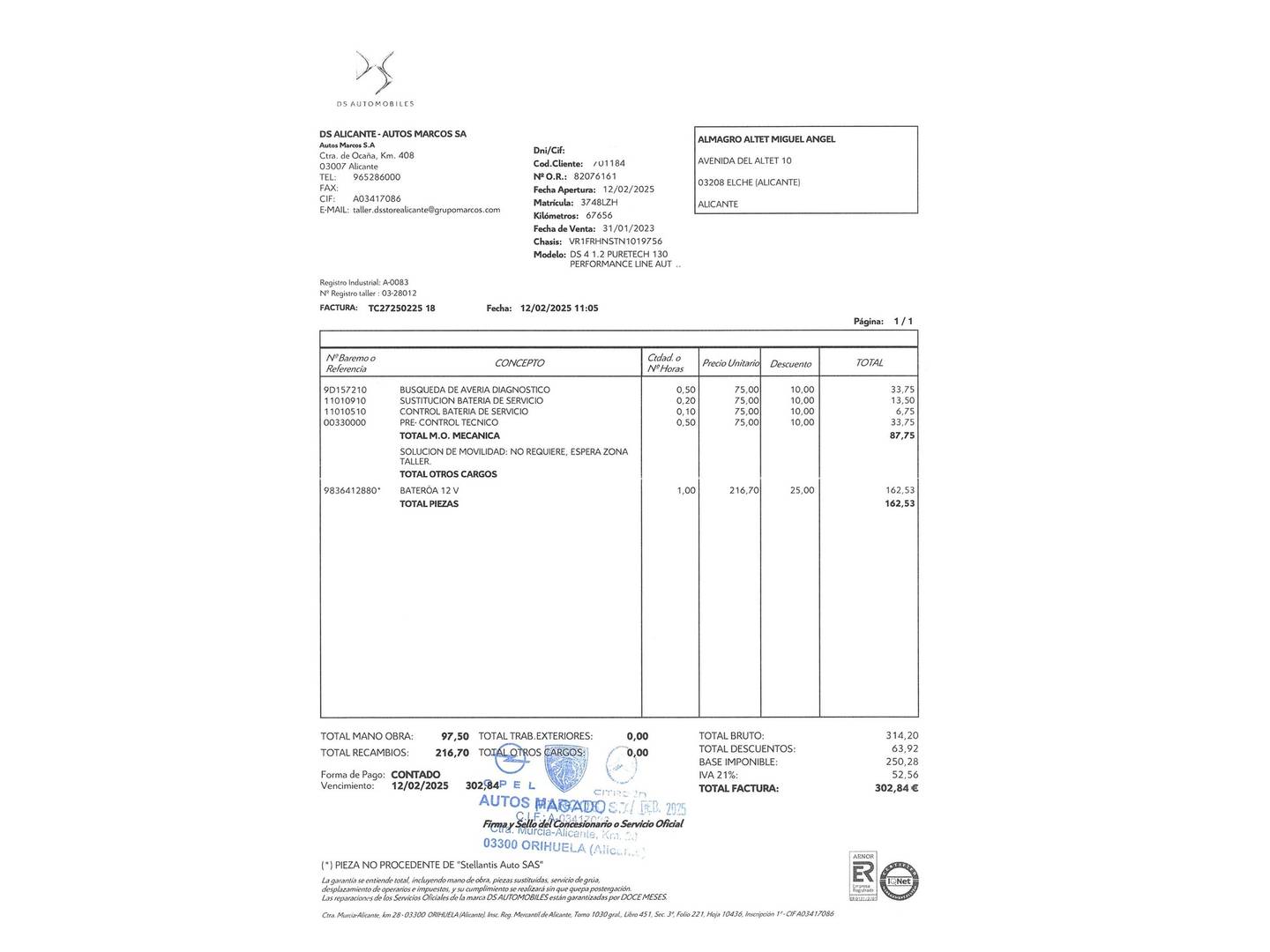 Foto del mantenimiento del DS DS 4 DS DS4 PureTech 130 Performance Line Auto (131 CV)