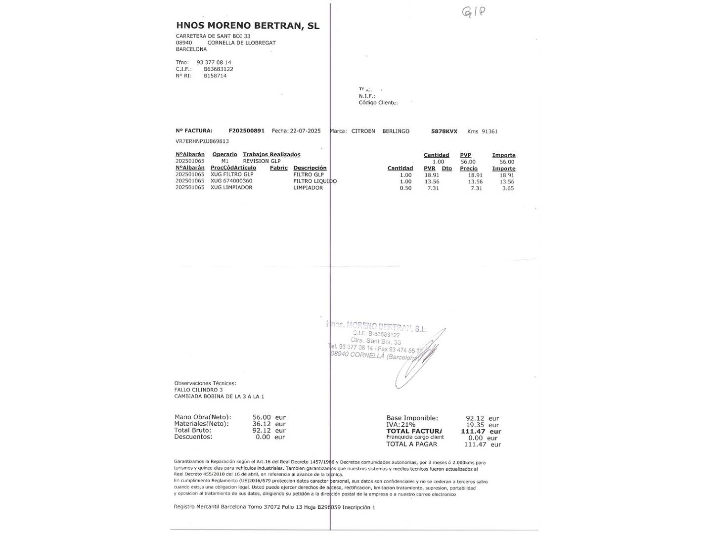 Foto del mantenimiento del Citroën Berlingo Citroën Berlingo Combi PureTech 110 S&S Talla M Feel (110 CV)