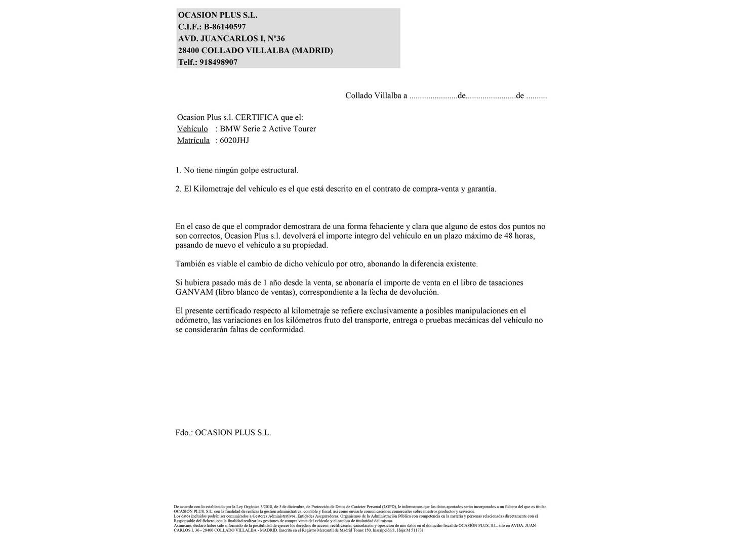 Foto del certificado del BMW Serie 2 Active Tourer BMW Serie 2 218d Active Tourer (150 CV)