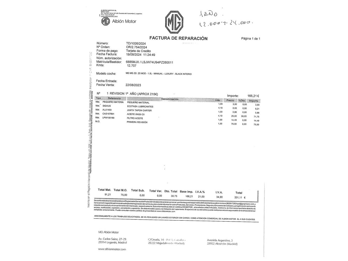 Foto del mantenimiento del MG ZS MG ZS 1.5 Luxury (106 CV)