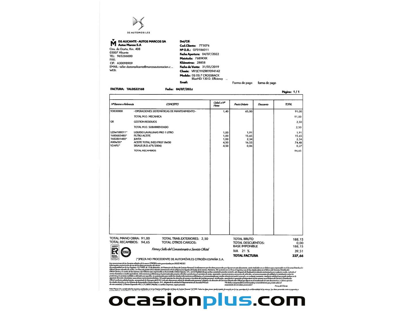 Foto del mantenimiento del DS DS 7 Crossback DS DS7 Crossback BlueHDi 130 Performance Line Auto (130 CV)