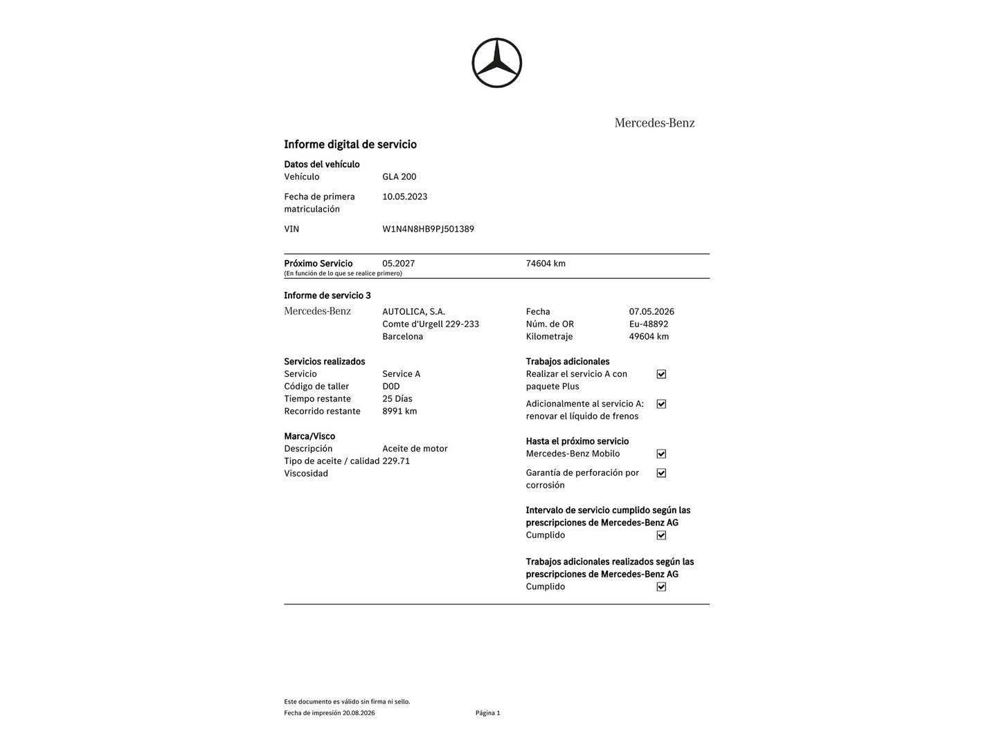 Foto del mantenimiento del Mercedes GLA Mercedes GLA 200 (163 CV) Pack AMG