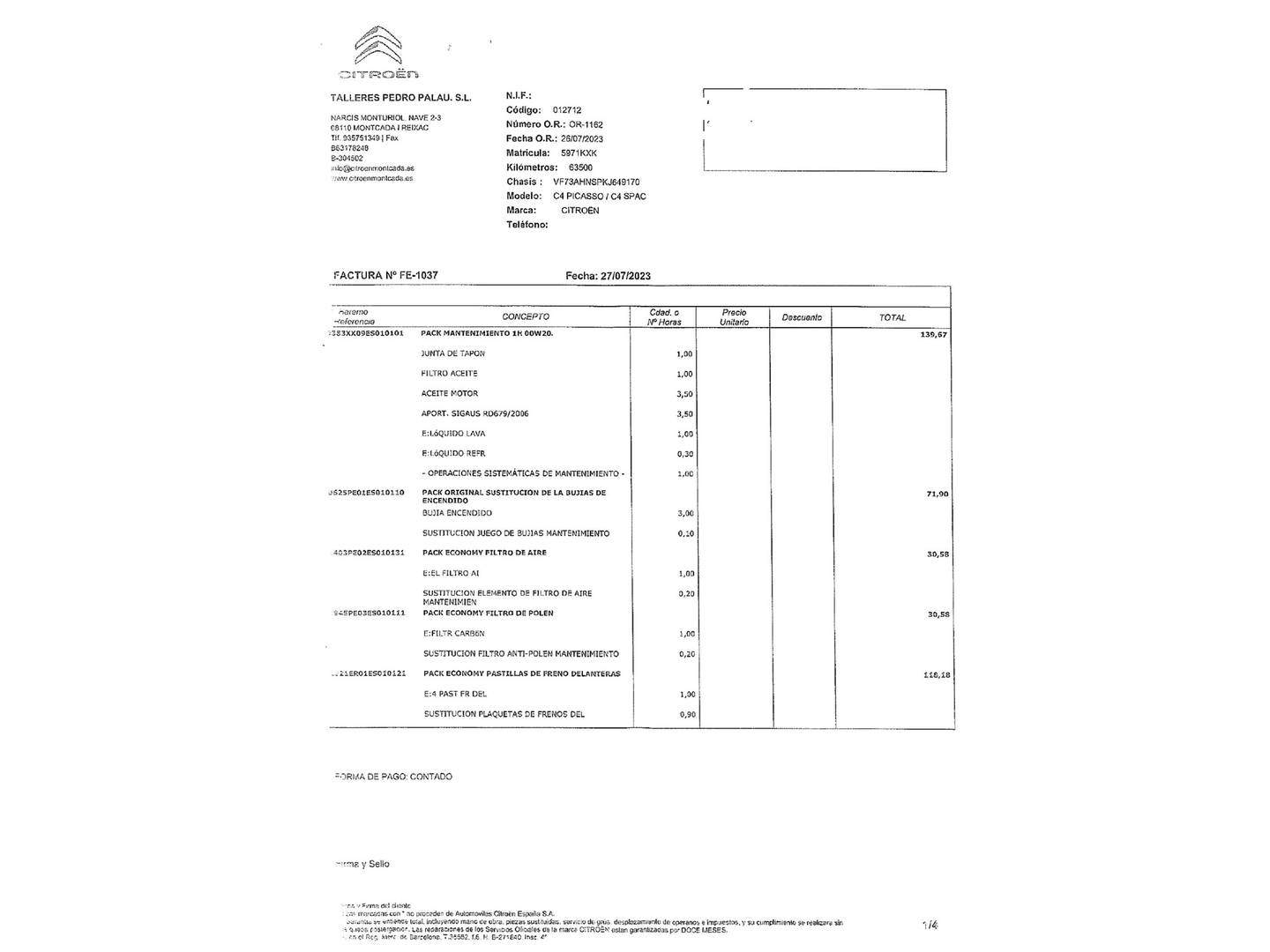 Foto del mantenimiento del Citroën Grand C4 Spacetourer Citroën Grand C4 Spacetourer PureTech 130 S&S Feel (130 CV) 7 Plazas