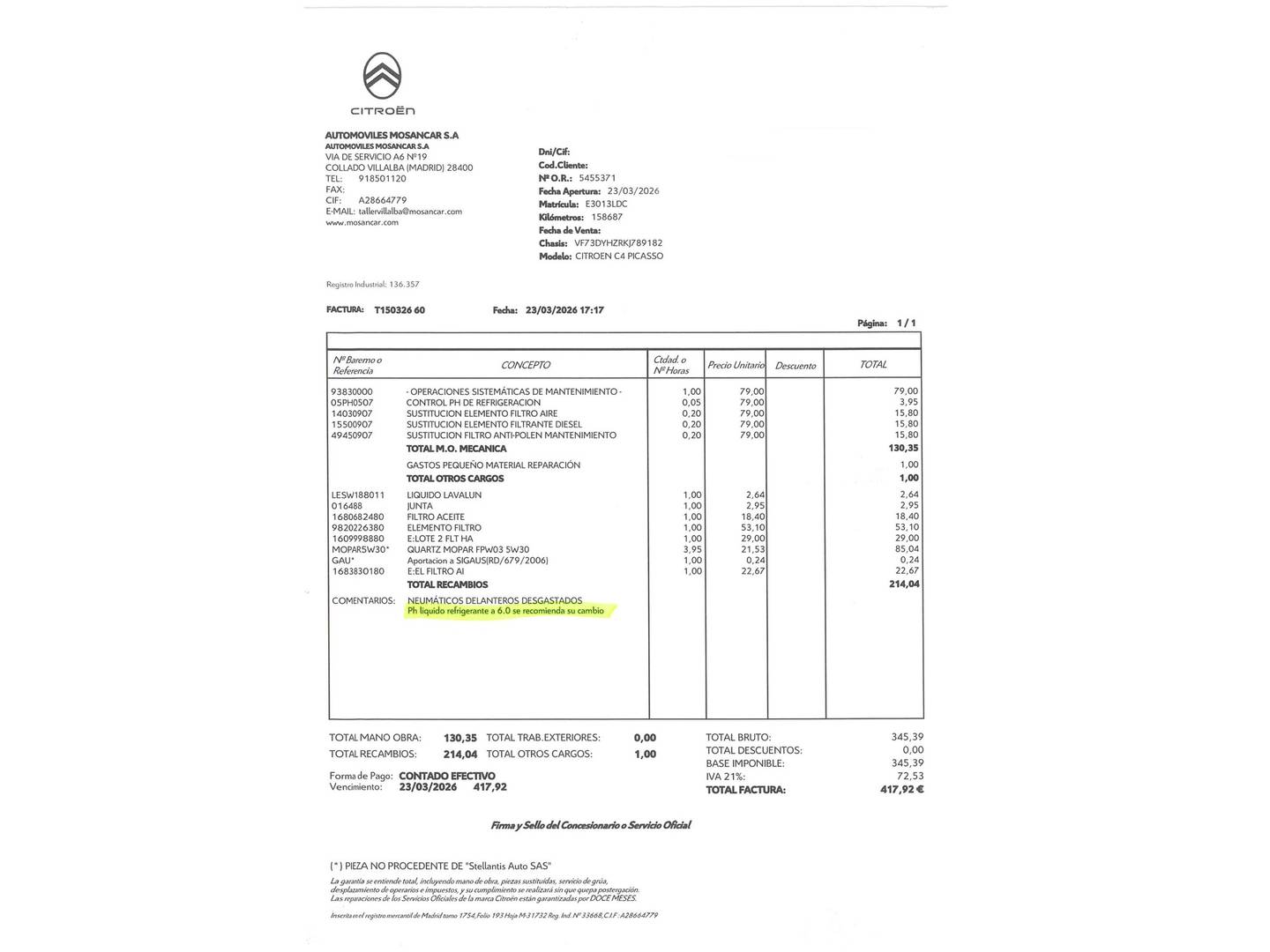 Foto del mantenimiento del Citroën C4 Spacetourer Citroen C4 Spacetourer BlueHDi Feel EAT8 (130 CV)