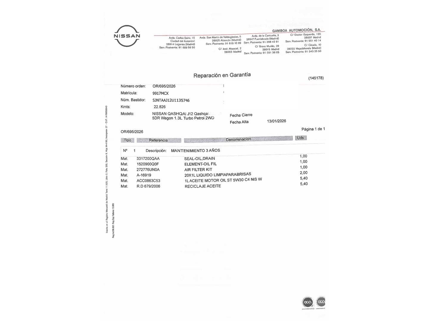 Foto del mantenimiento del Nissan QASHQAI Nissan Qashqai DIG-T 140 mHEV N-Connecta 4x2 (140 CV)