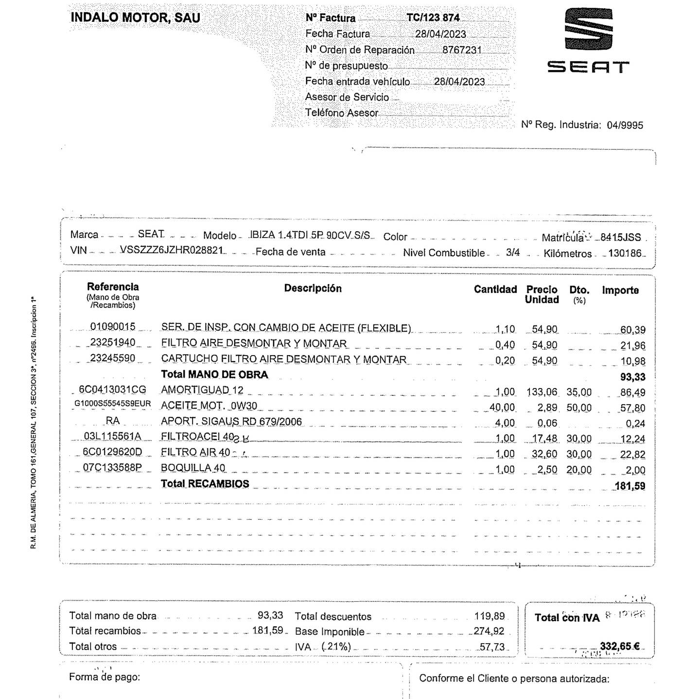 Foto del mantenimiento del Seat Ibiza Seat Ibiza 1.2 TSI Style (90 CV)