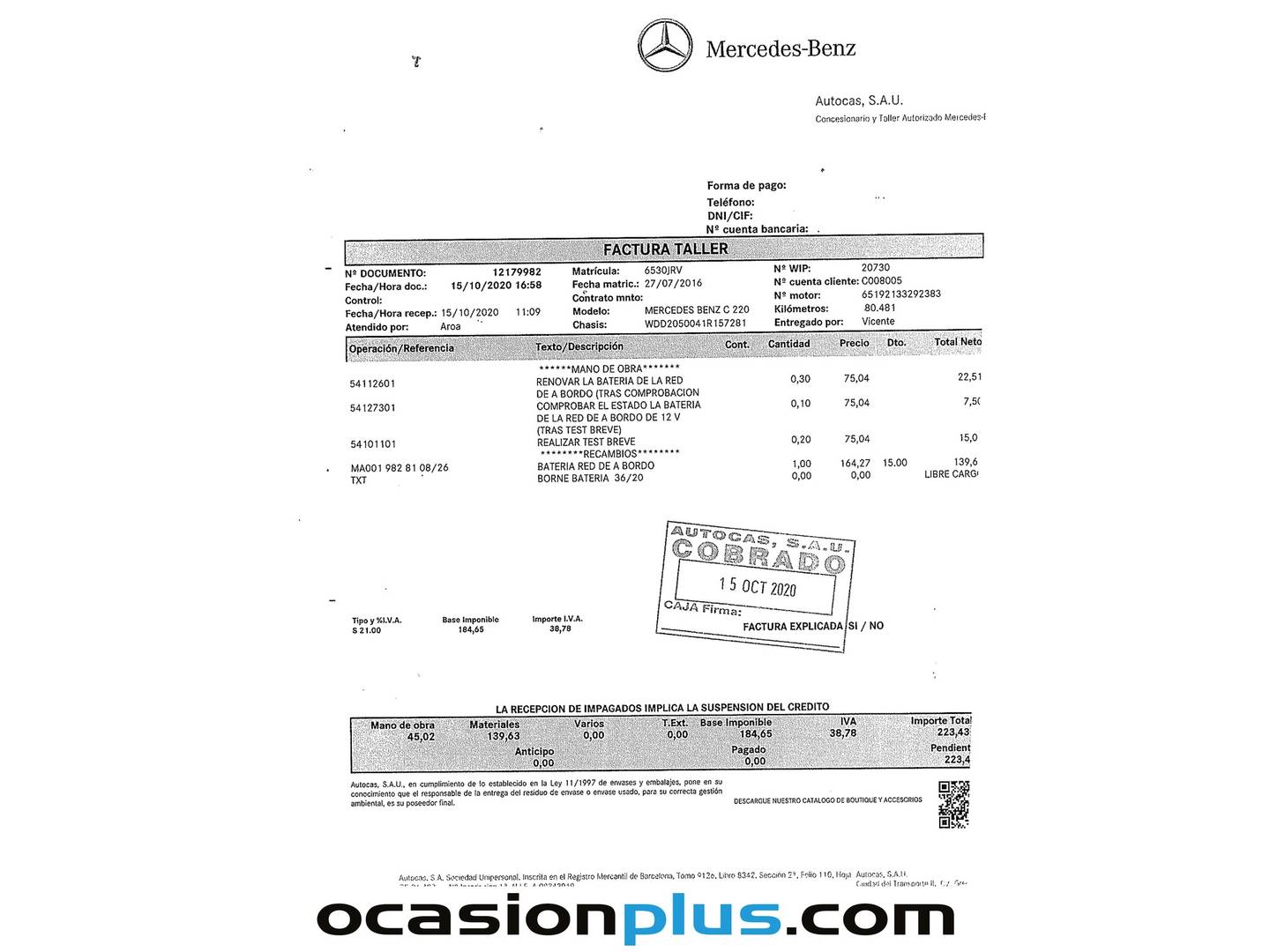 Foto del mantenimiento del Mercedes Clase C Mercedes Clase C Clase C C 220 d Avantgarde (170 CV)