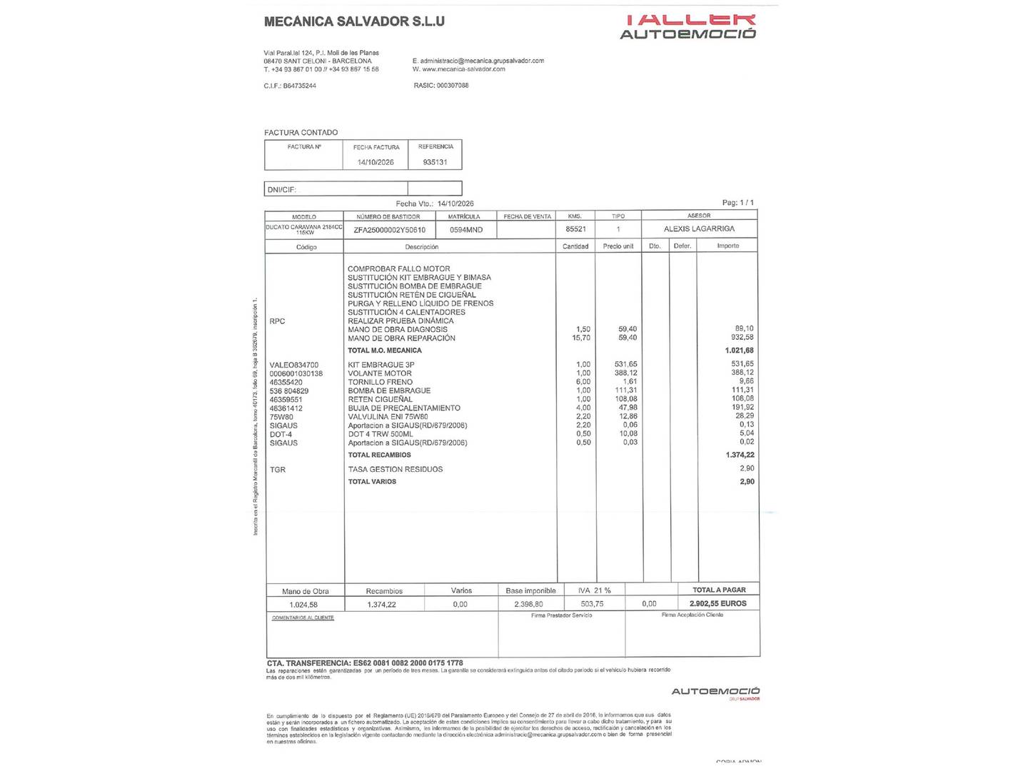Foto del mantenimiento del Rimor Horus 145 Rimor Horus 145 103kW (140CV) 4 Plazas