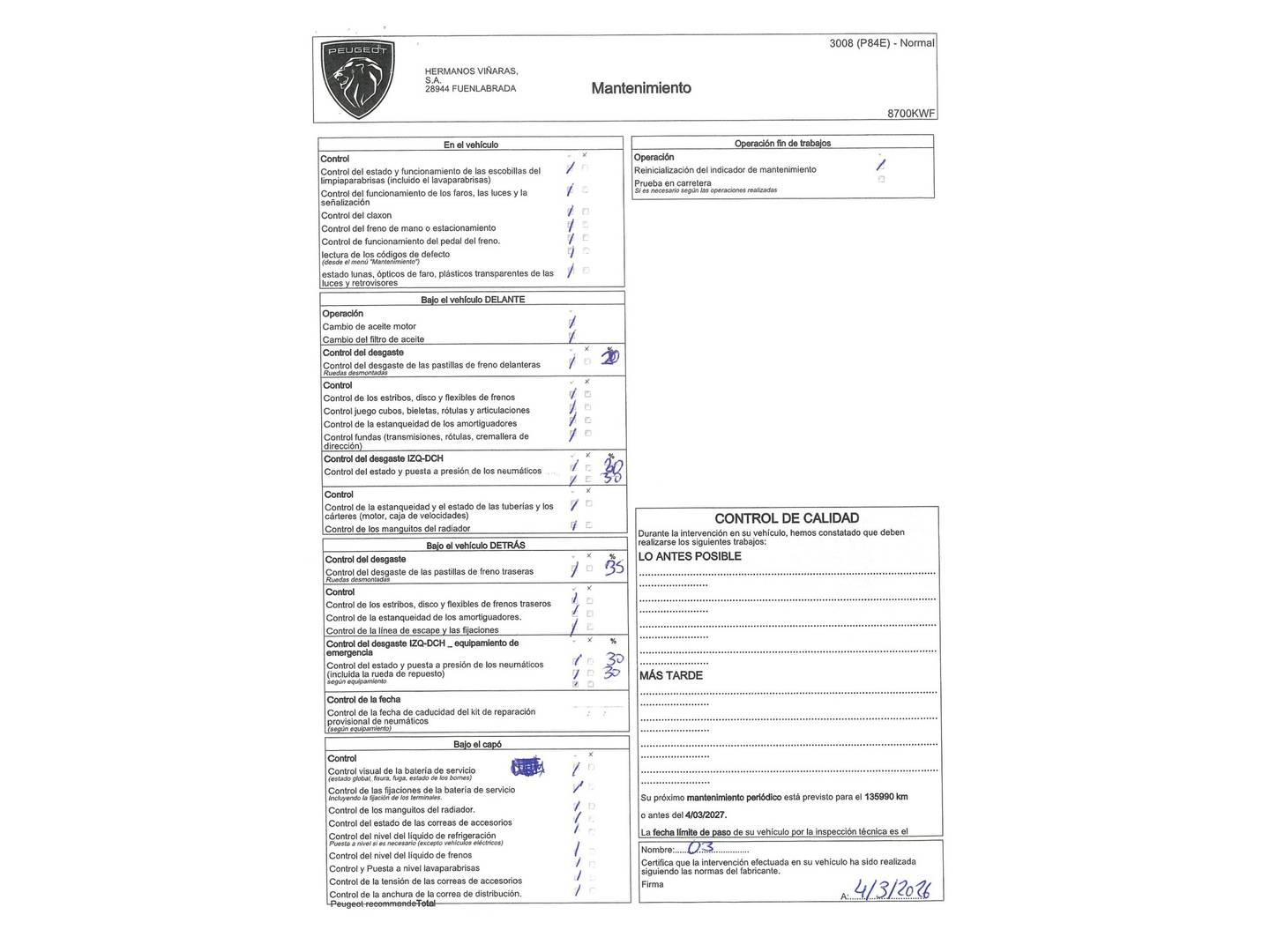 Foto del mantenimiento del Peugeot 3008 Peugeot 3008 PureTech 130 S&S GT Line EAT8 (130 CV)