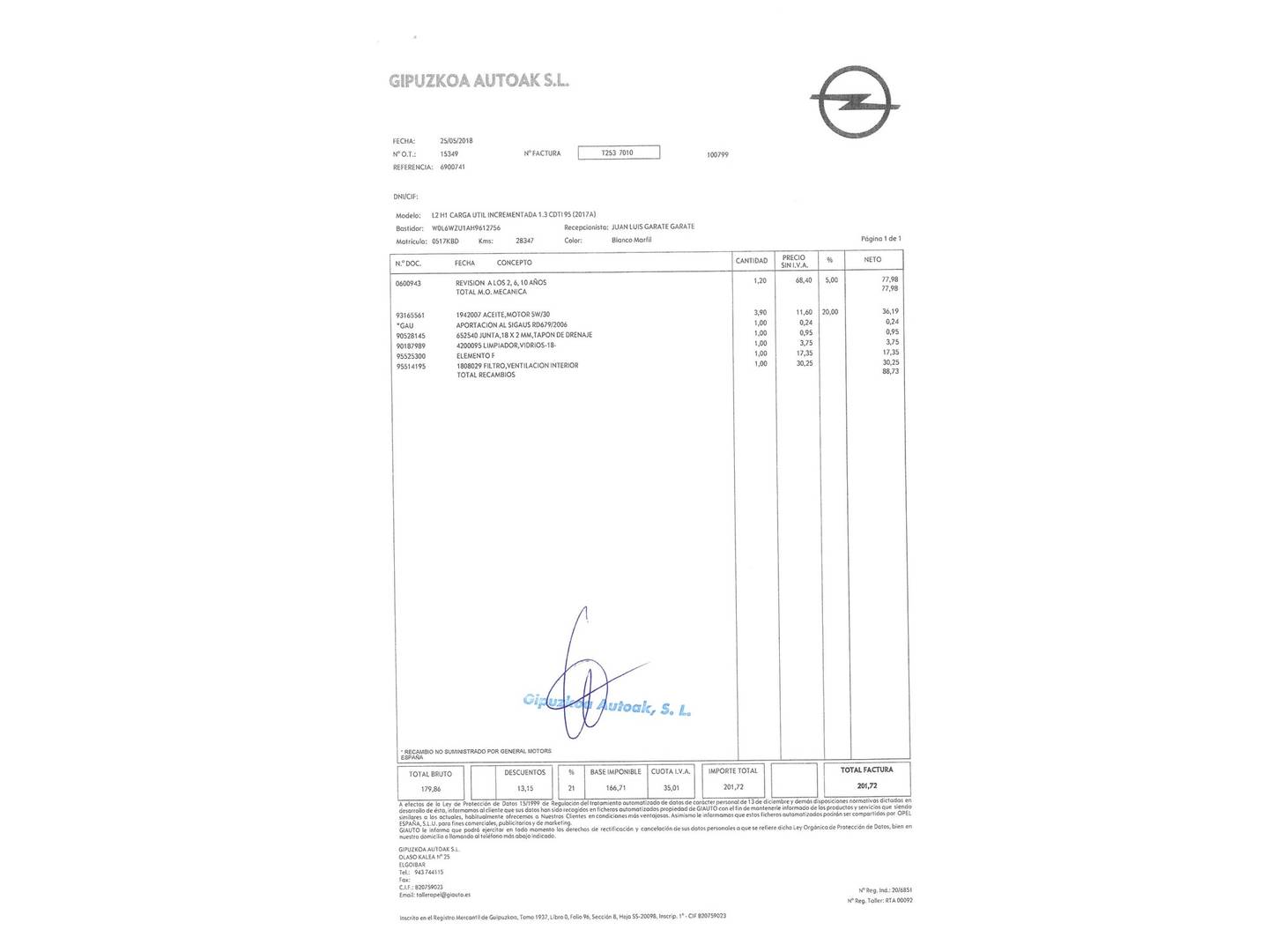 Foto del mantenimiento del Opel Combo Opel Combo Cargo 1.3 CDTI L2H1 Incrementada (95 CV)