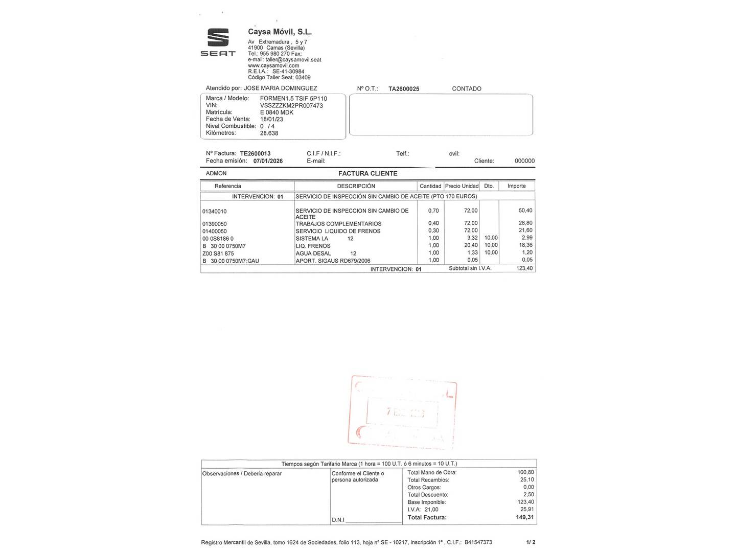 Foto del mantenimiento del Cupra Formentor Cupra Formentor 1.5 TSI DSG (150 CV)