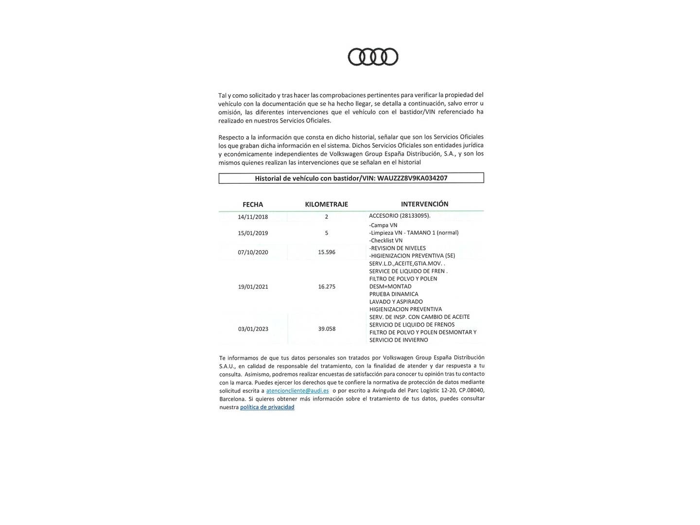 Foto del mantenimiento del Audi A3 Audi A3 Sportback Design 35 TFSI (150 CV) S Tronic