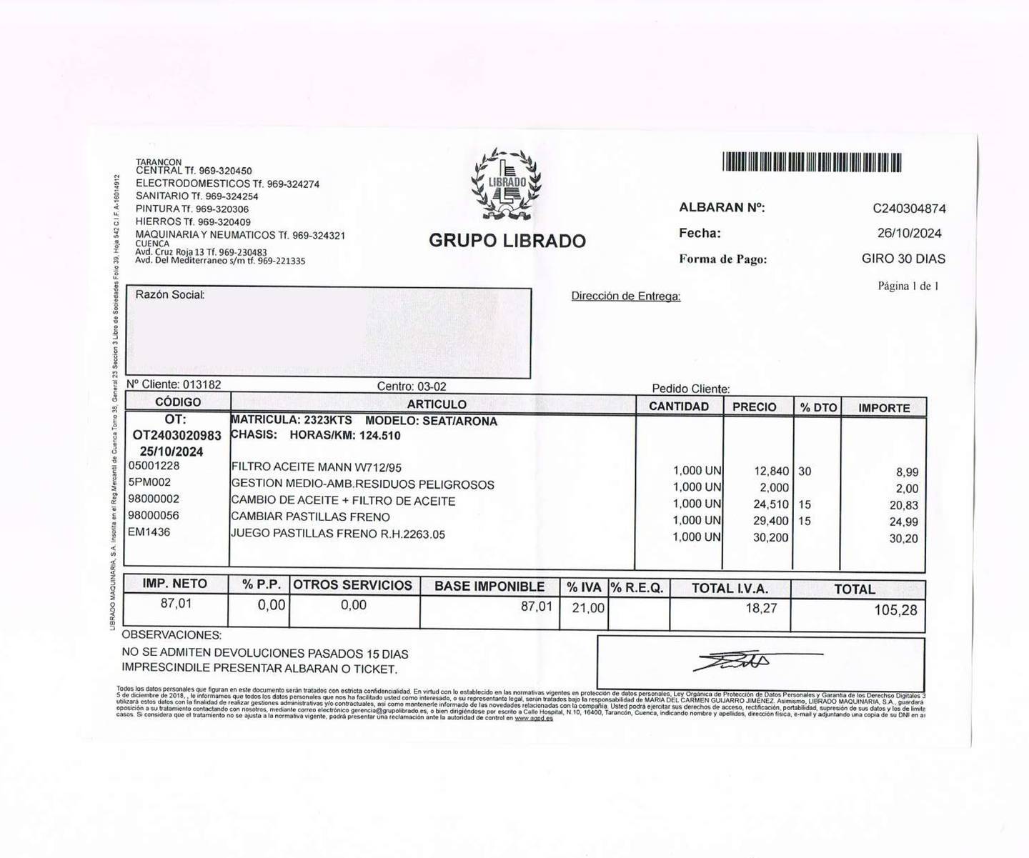 Foto del mantenimiento del Seat Arona Seat Arona 1.0 TSI Ecomotive S&S Style  (115 CV)