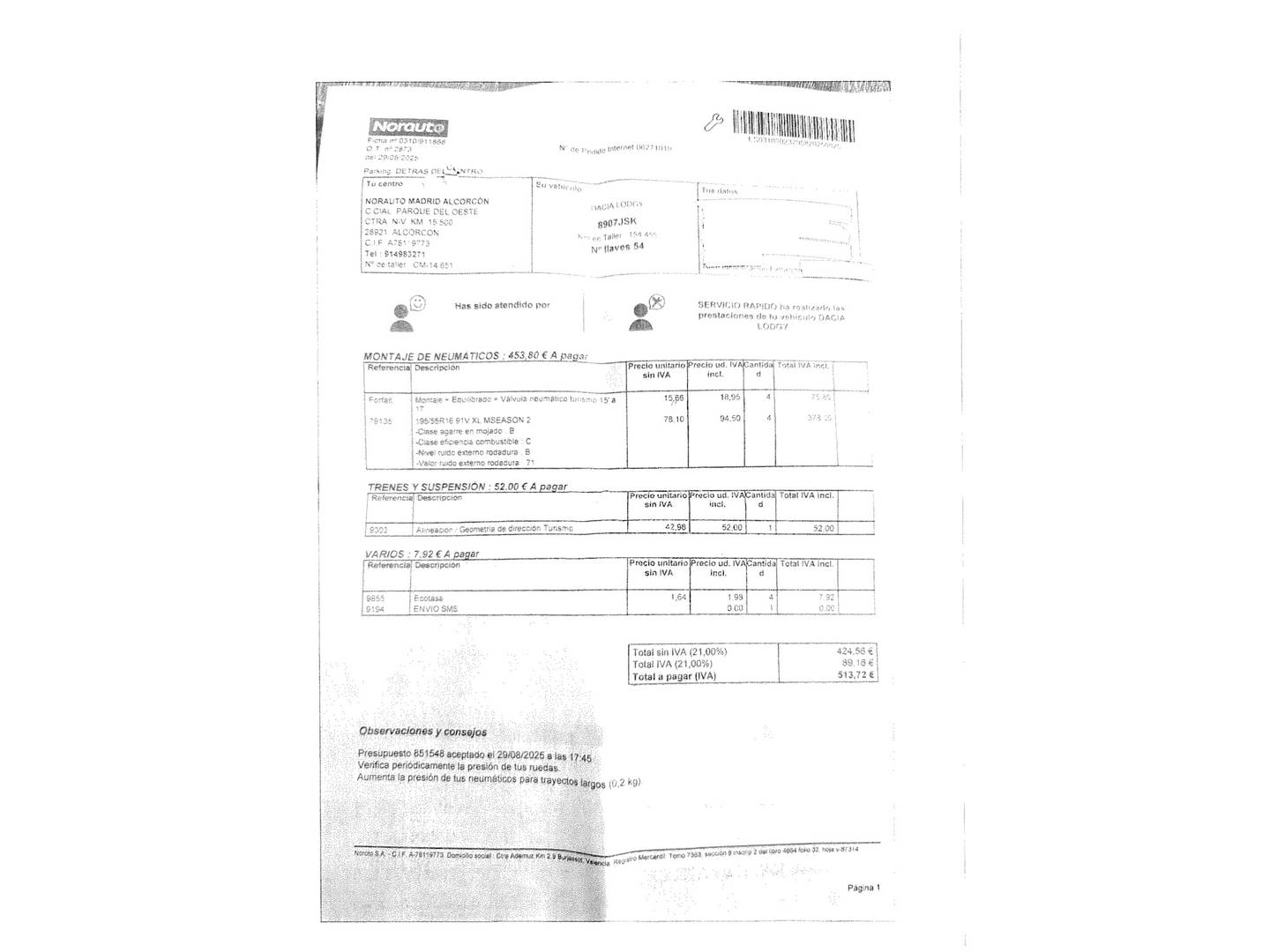 Foto del mantenimiento del Dacia Lodgy Dacia Lodgy Laureate TCe (115 CV)