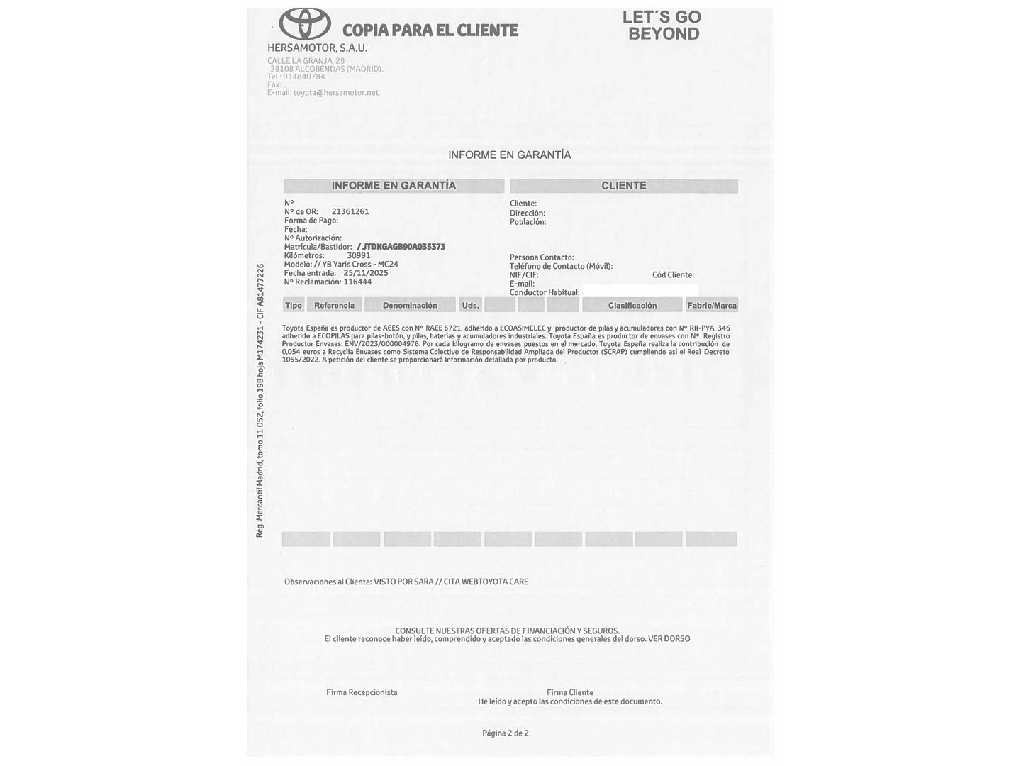 Foto del mantenimiento del Toyota Yaris Cross Toyota Yaris Cross 120H Style (116 CV)