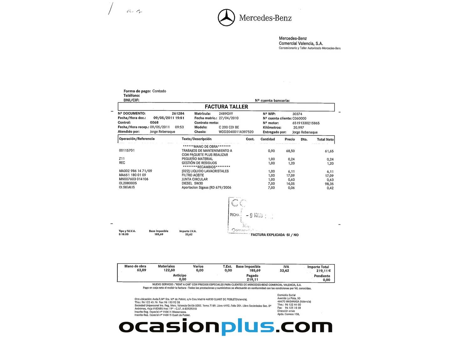 Foto del mantenimiento del Mercedes Clase C Mercedes Clase C CDI Blue Efficiency Avantgarde (136 CV)